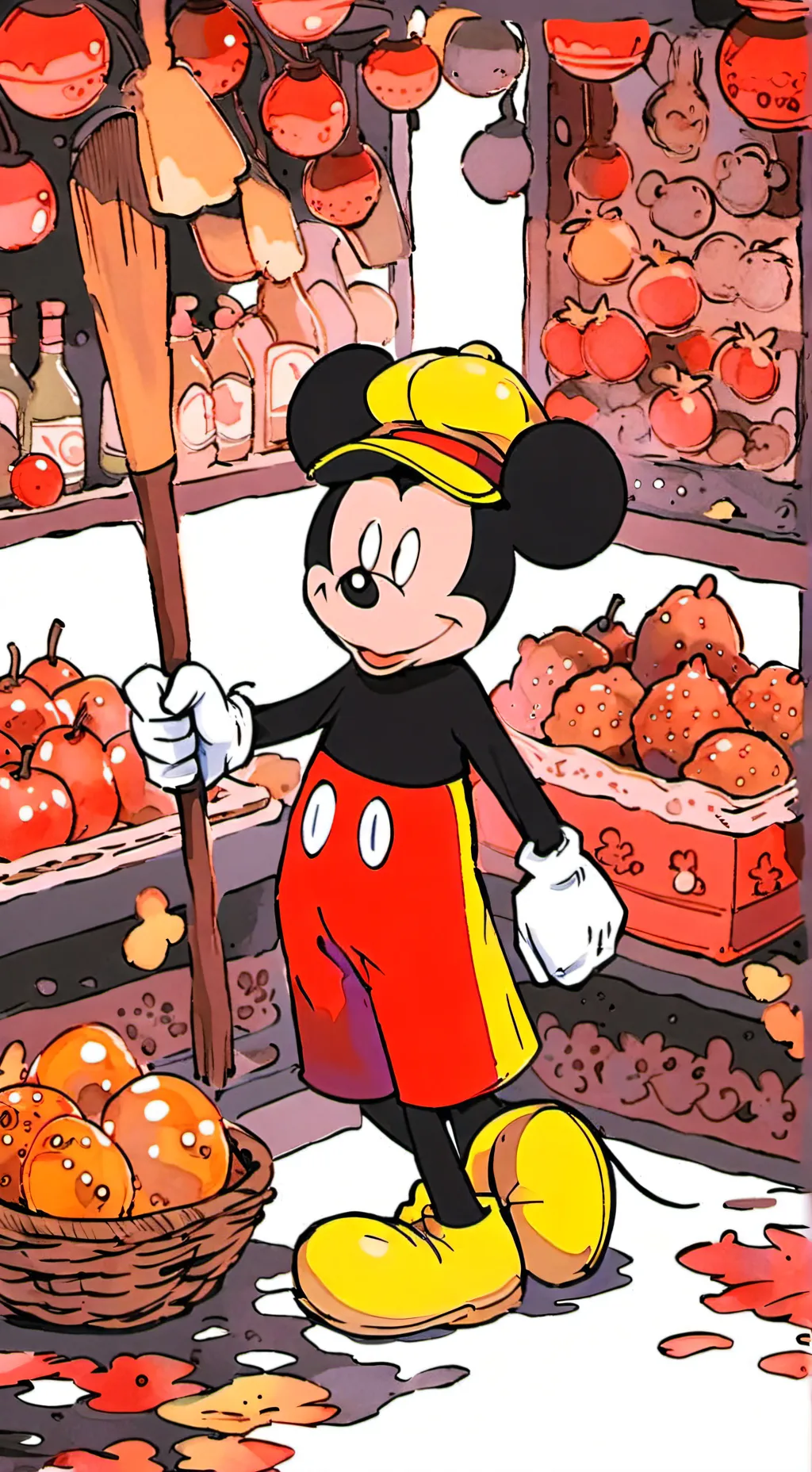 ai character: Mickey cooking hel background