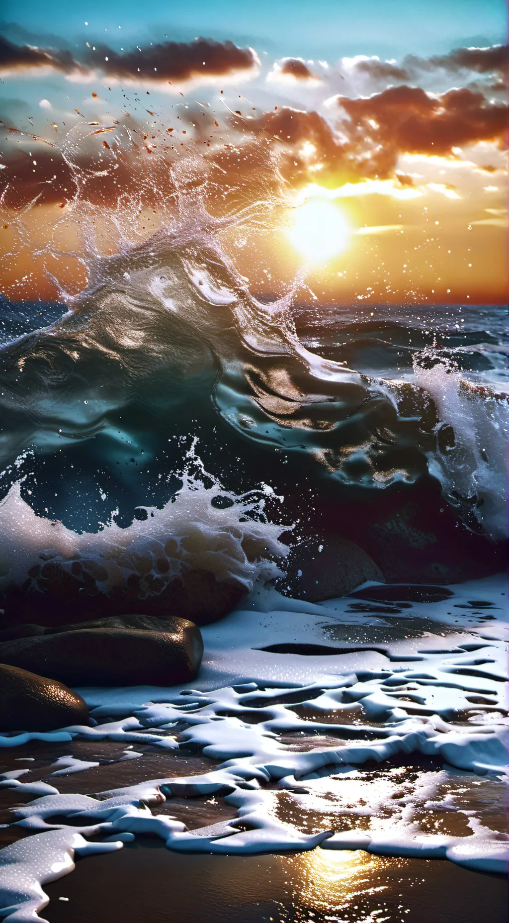 ai character: Sunset rock beach background