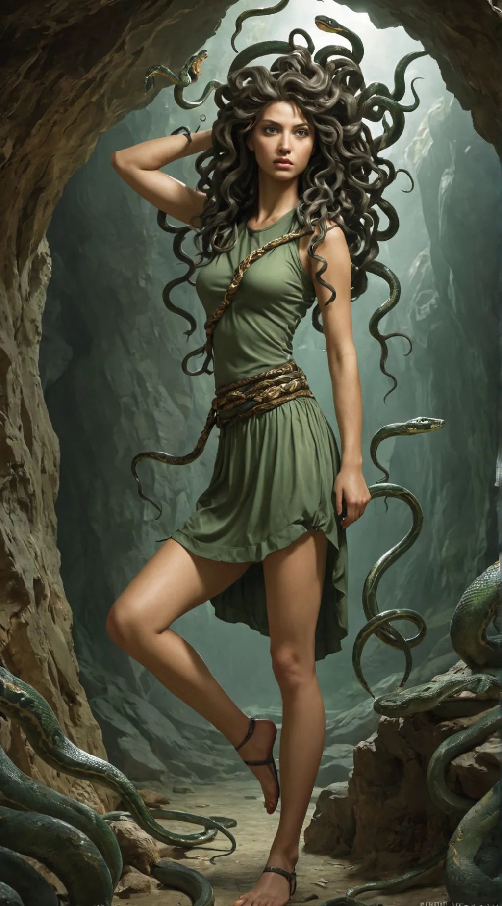 ai character: Young Medusa  background