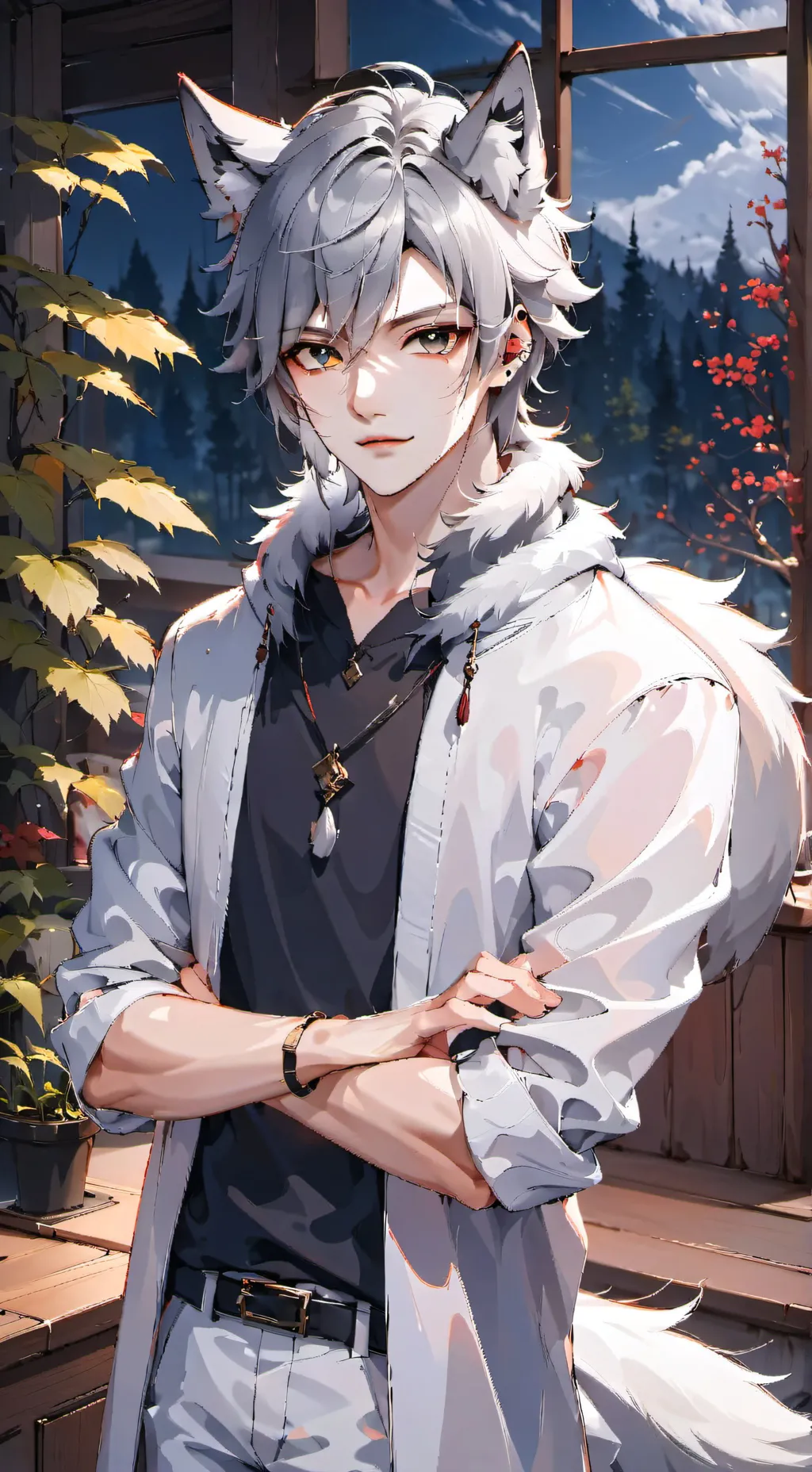 ai character: Grey Wolf Furry Spirit background