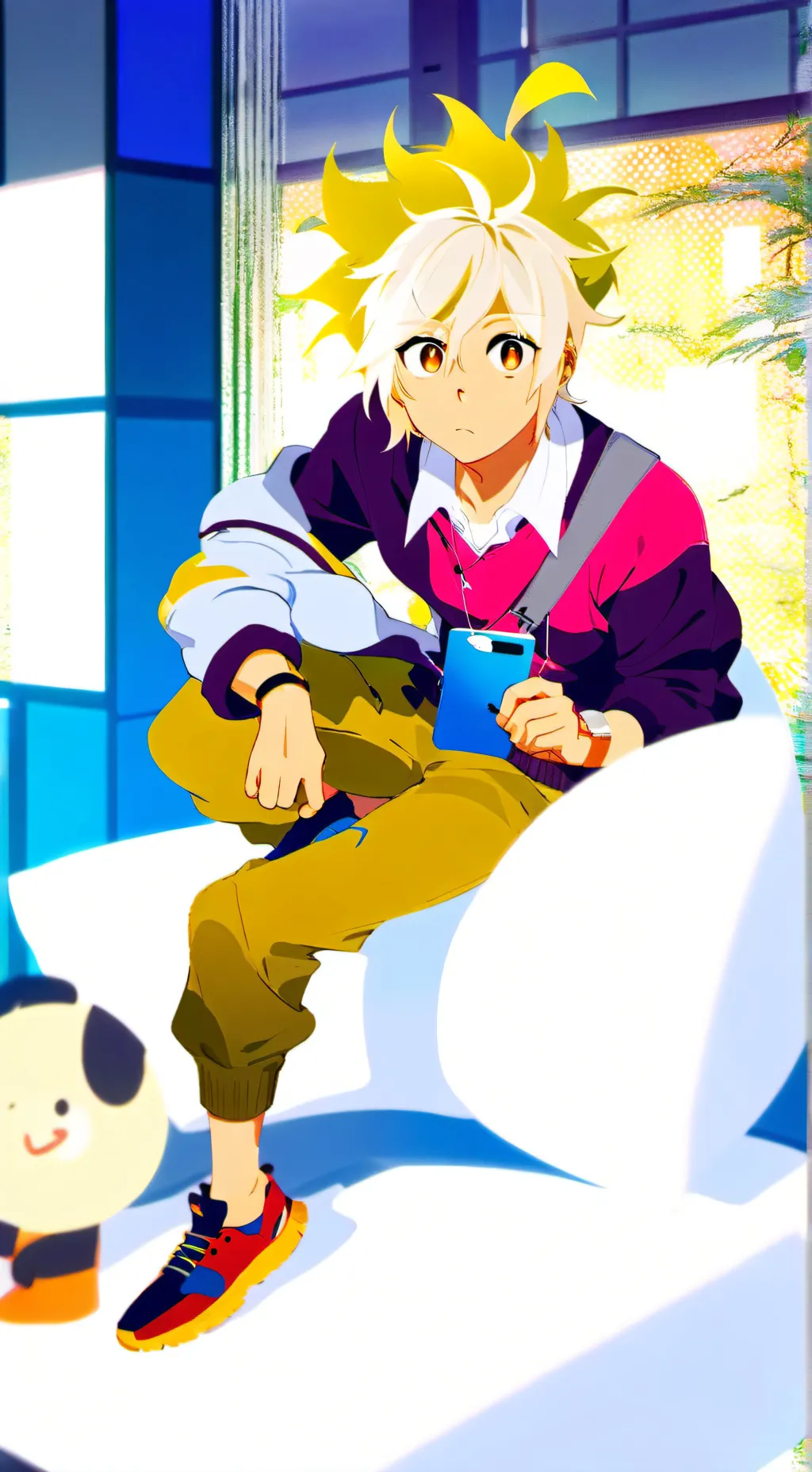 ai character: mom and her son  background