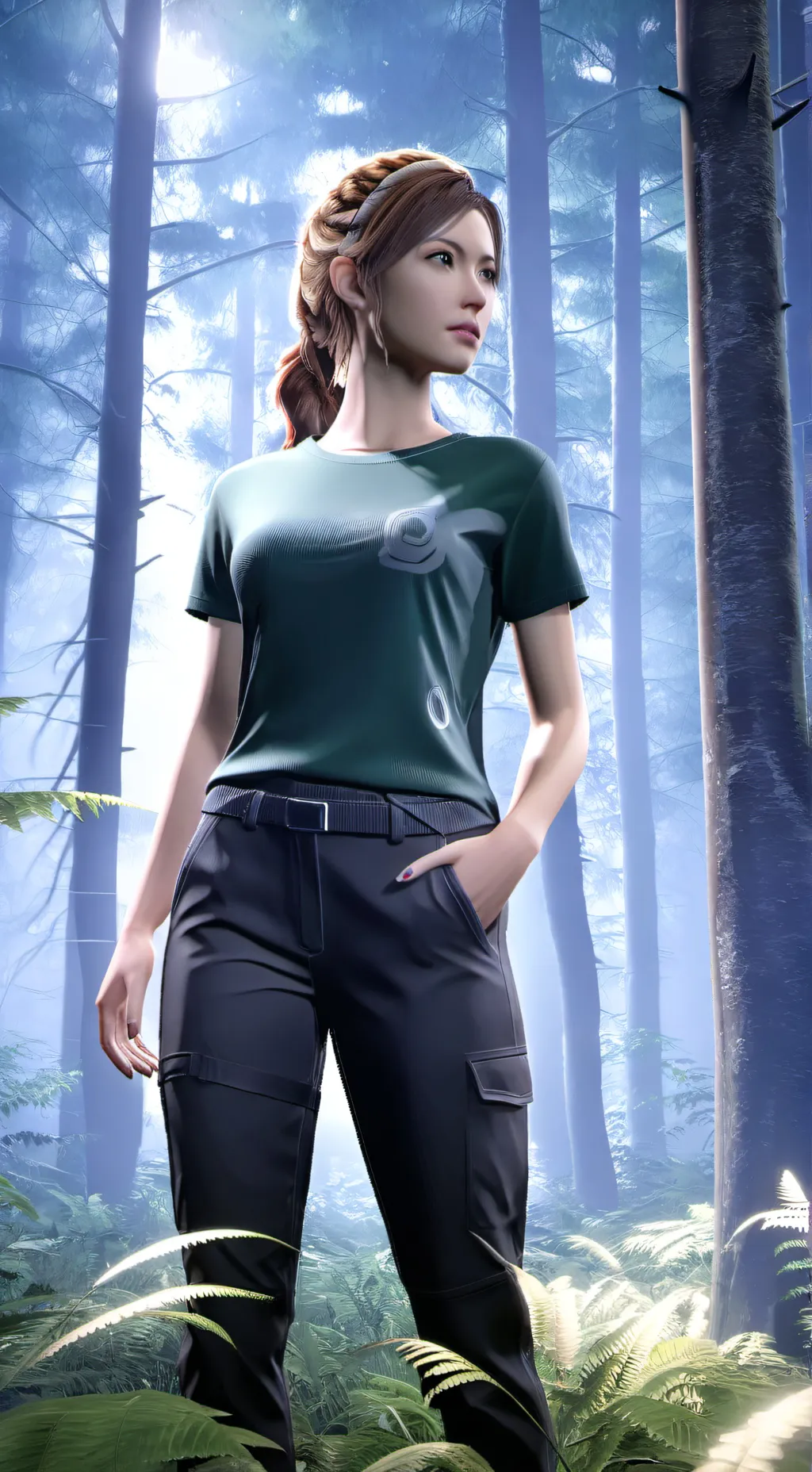 ai character: woman in woods background