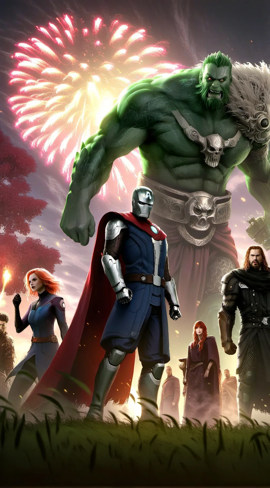 ai character: Avengers fireworks background