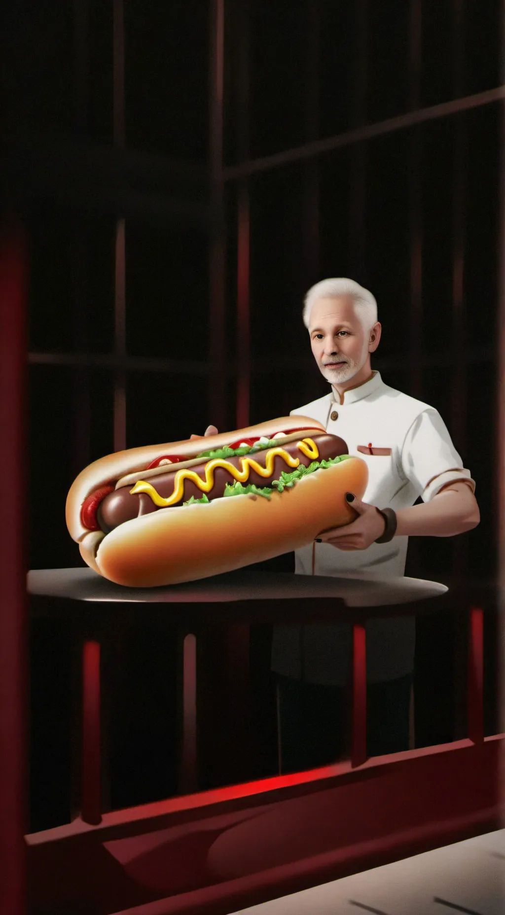 ai character: Man with a hotdog background