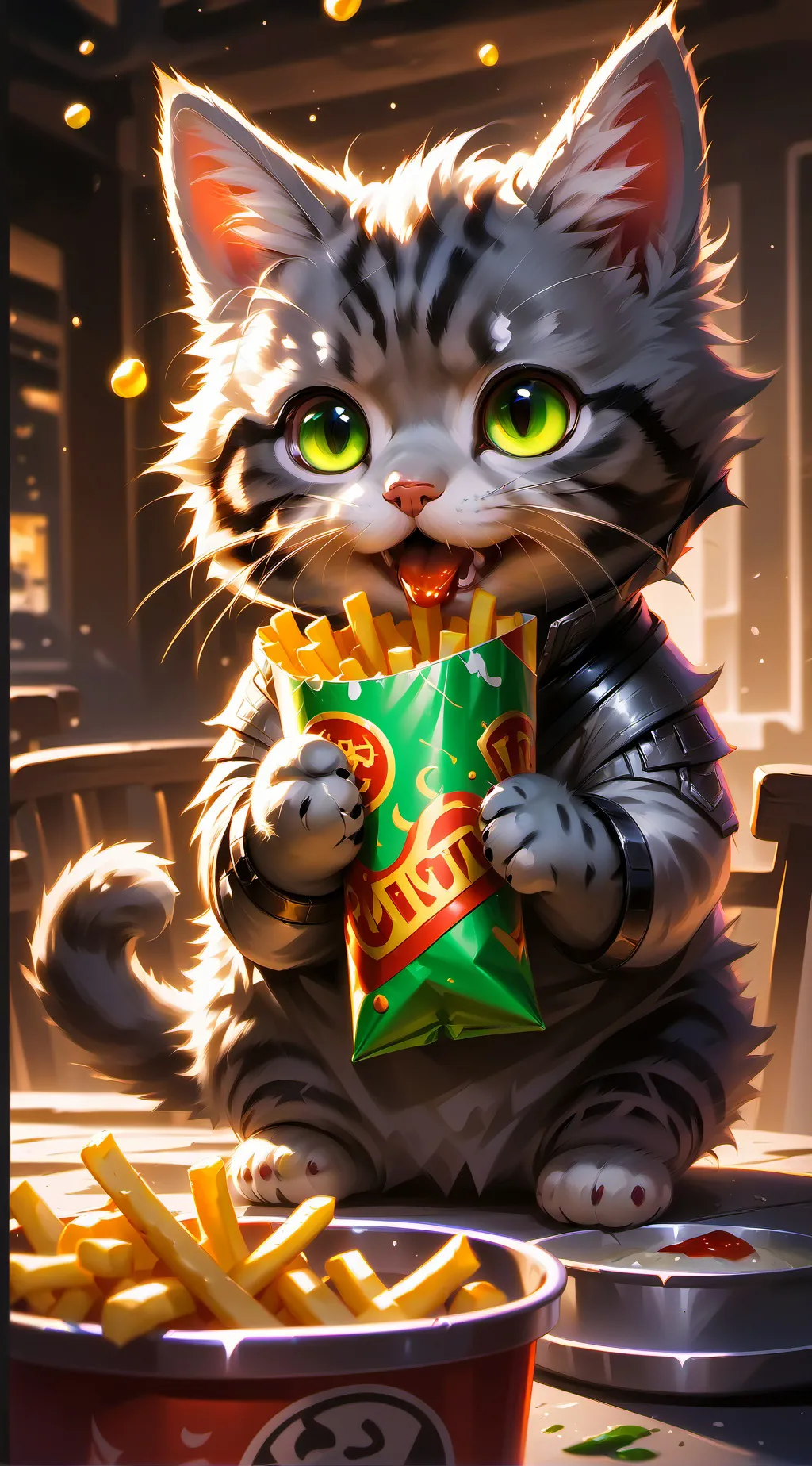 ai character: cat eating fries background