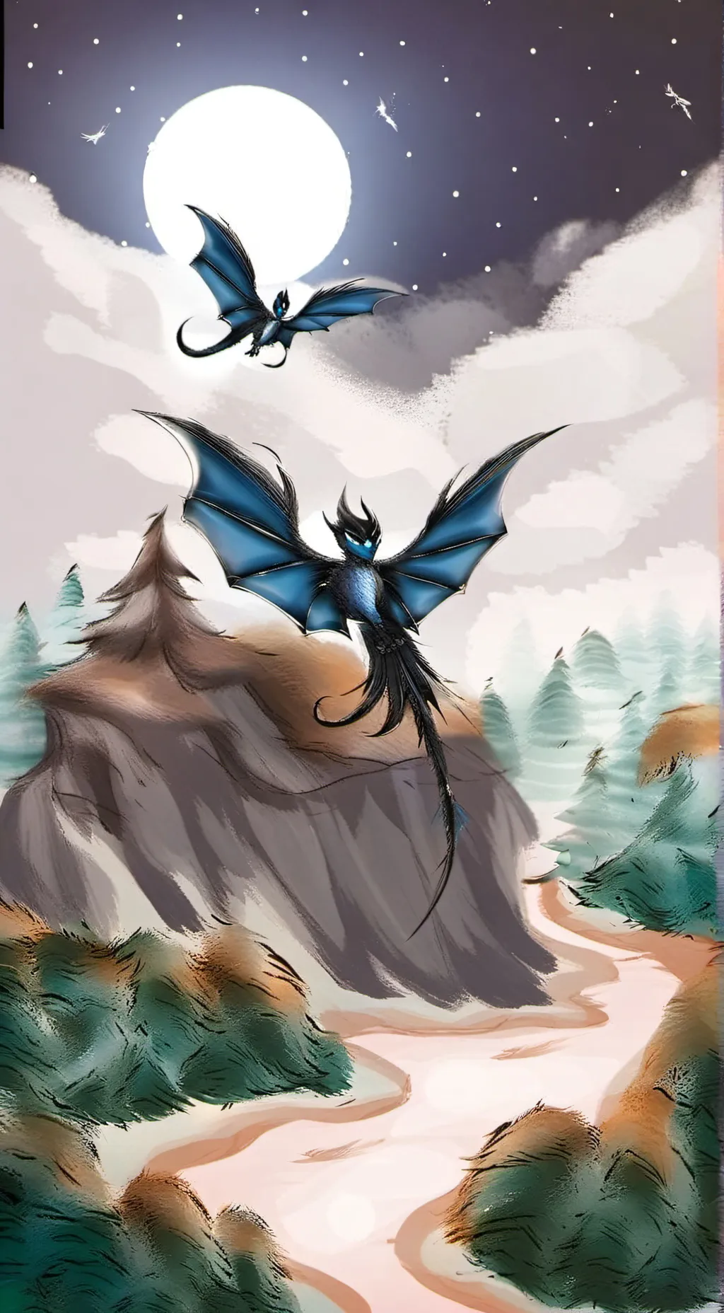 ai character: Qibli and Moon.  background