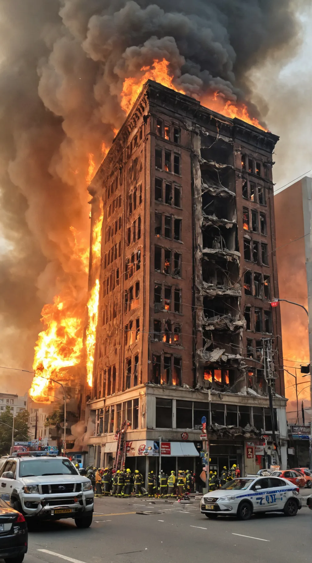 ai character: Mha Building fire background