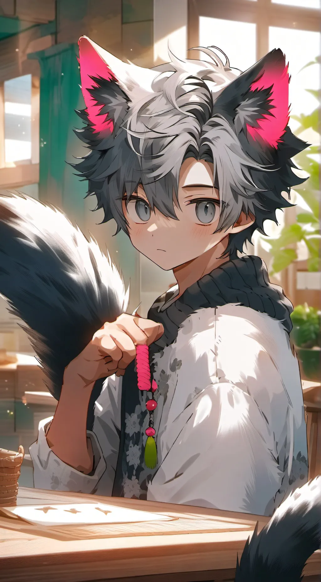 ai character: Pantalimon the Black and Grey Furry background