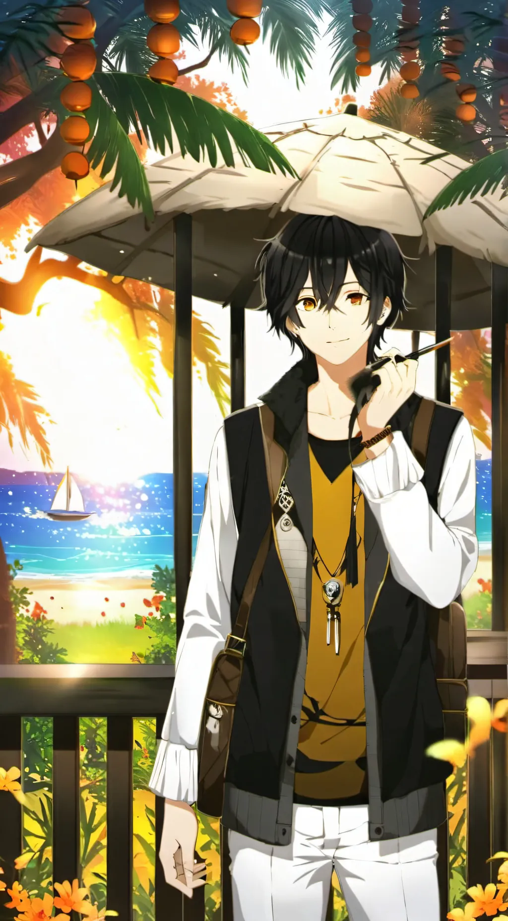 ai character: Mha at the beachhh background
