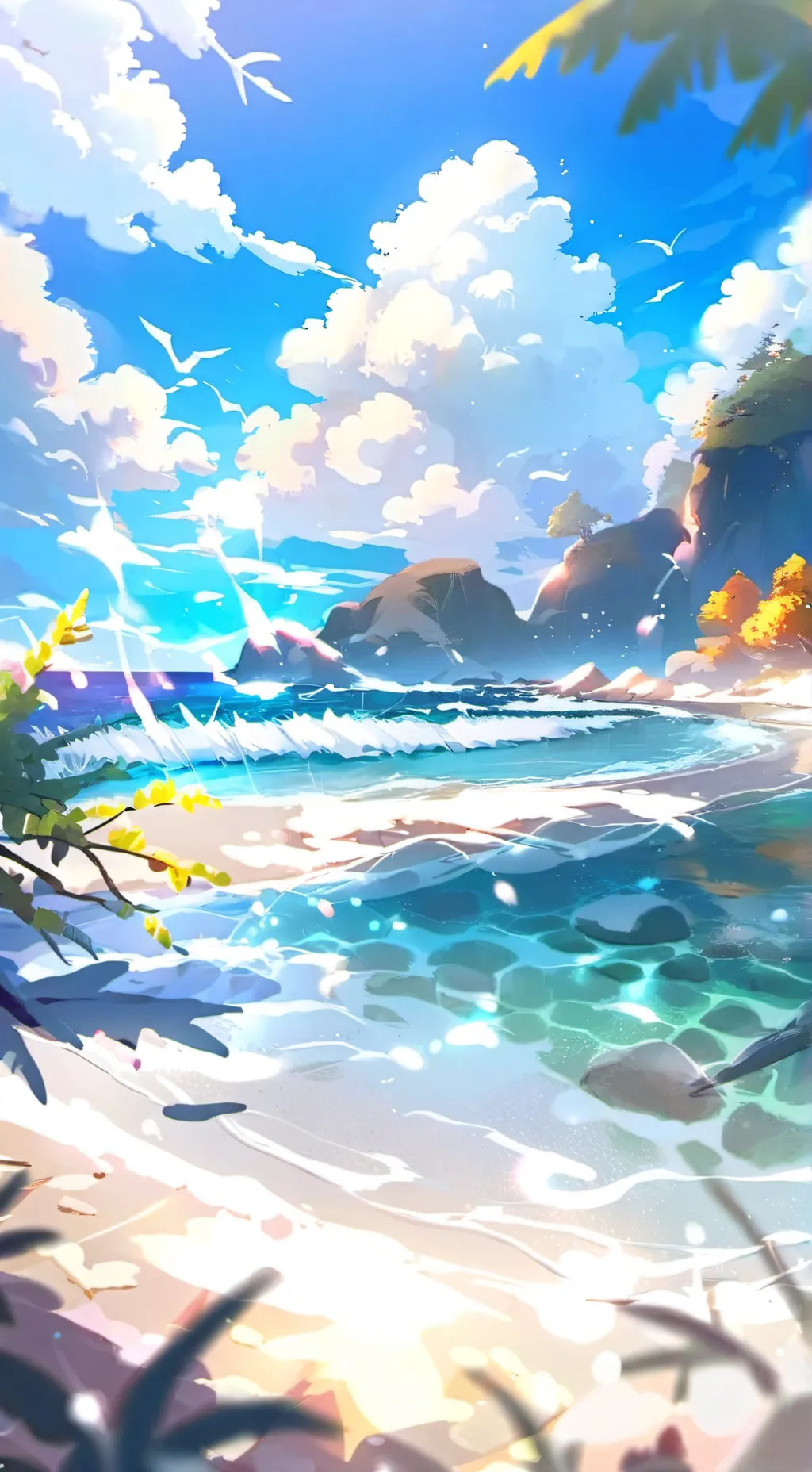 ai character: beach with BTS💜 background