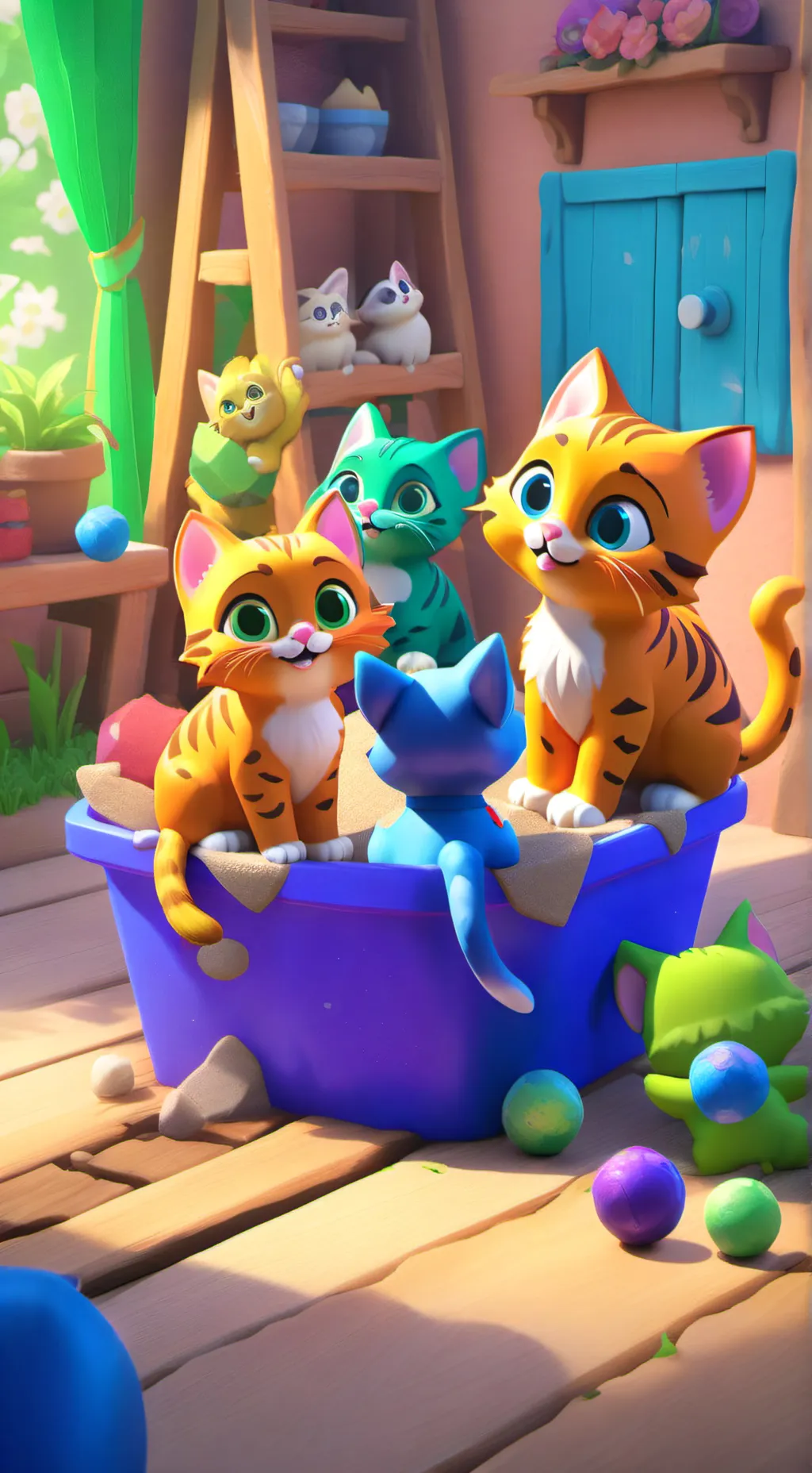 ai character: Mama cat,kittens background