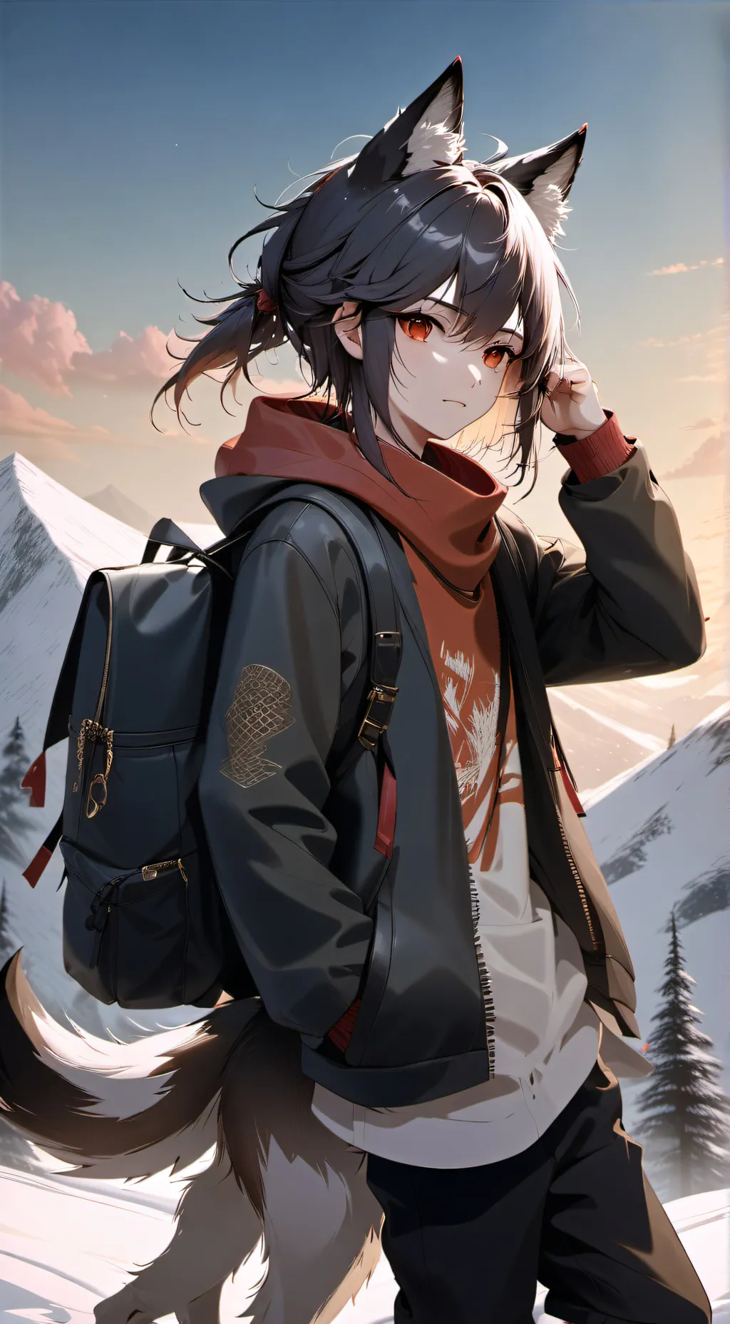 ai character: snow, storm background