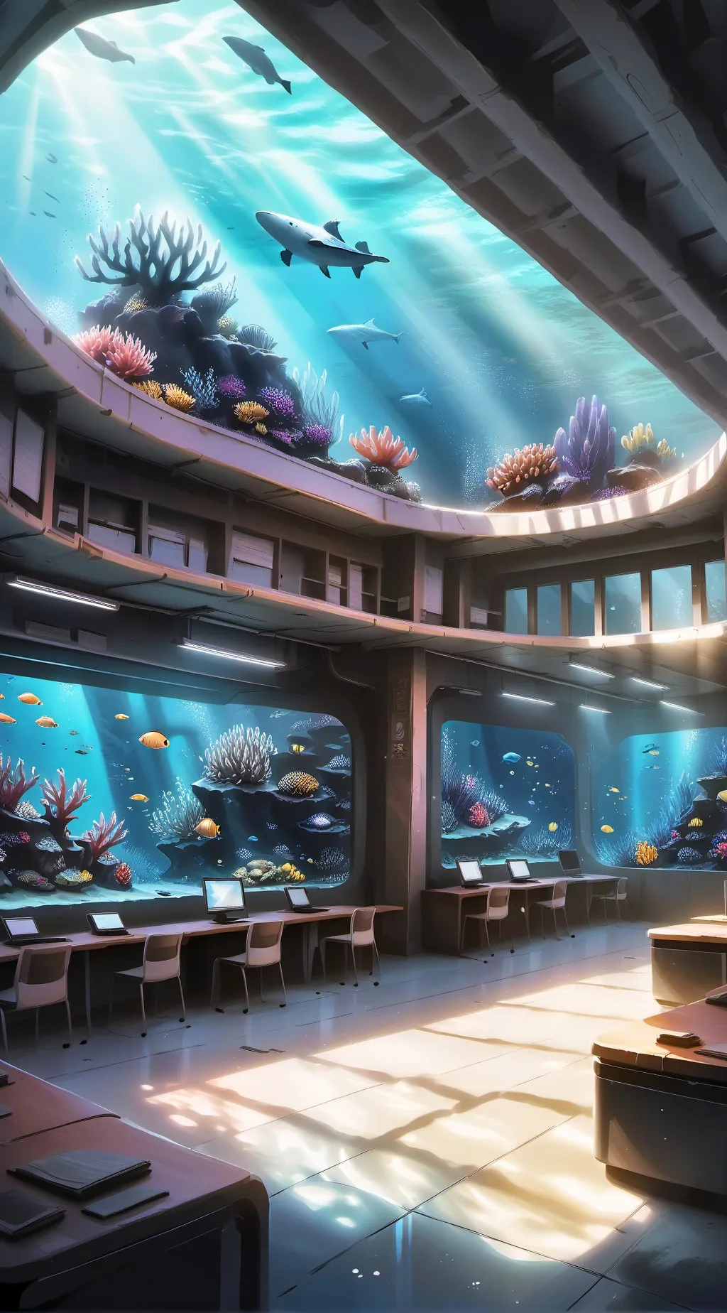 ai character: Underwater school background