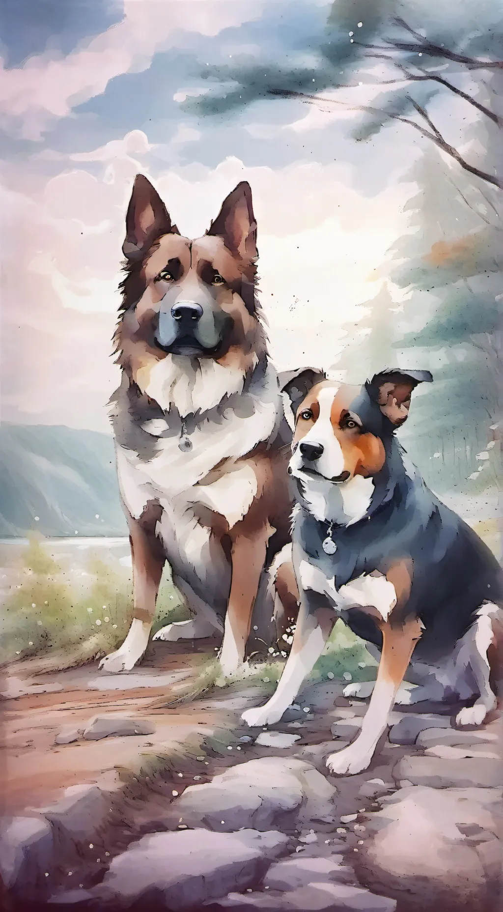 ai character: Two dogs of heart background