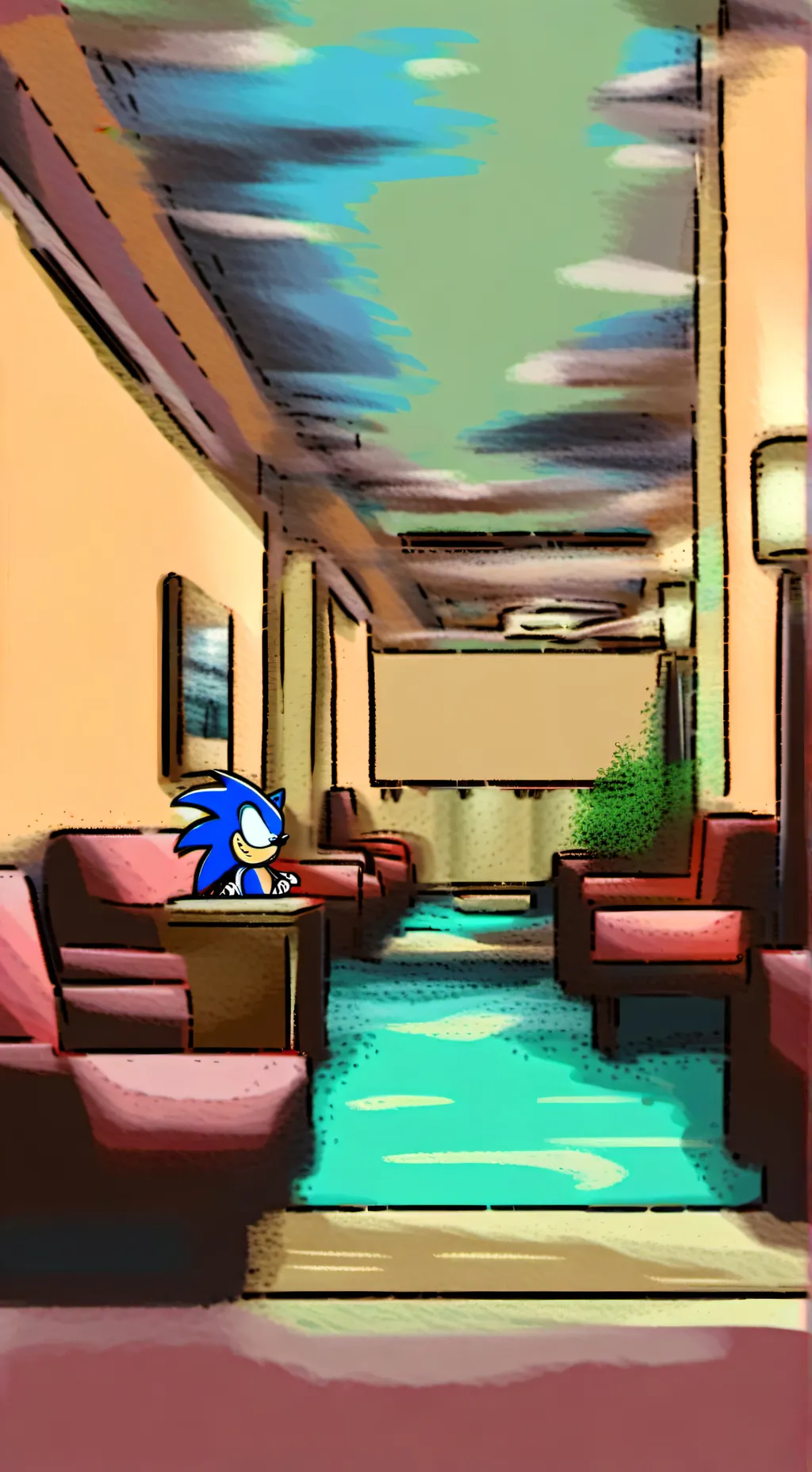 ai character: sonic in a hotel background