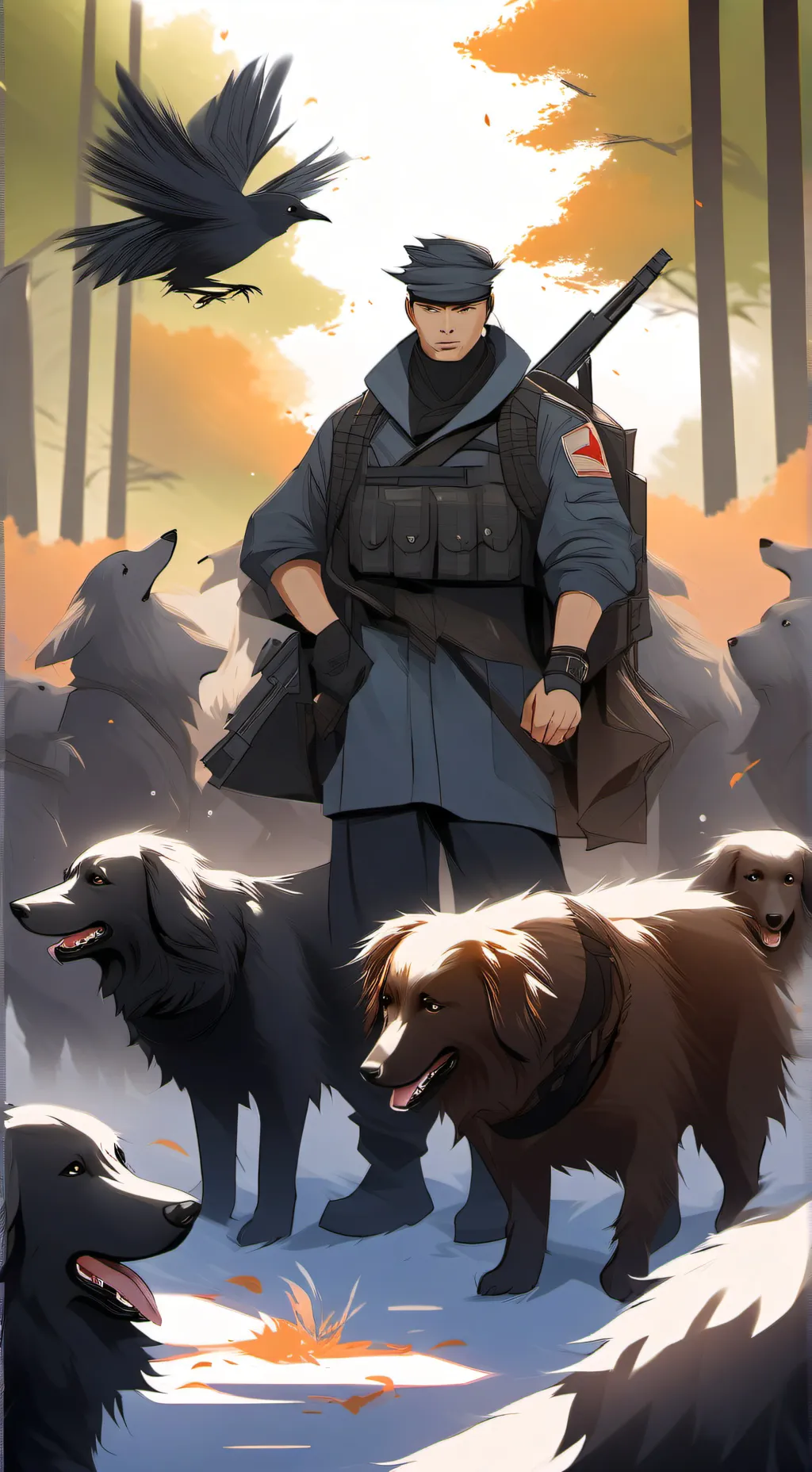 ai character: bird army dog background