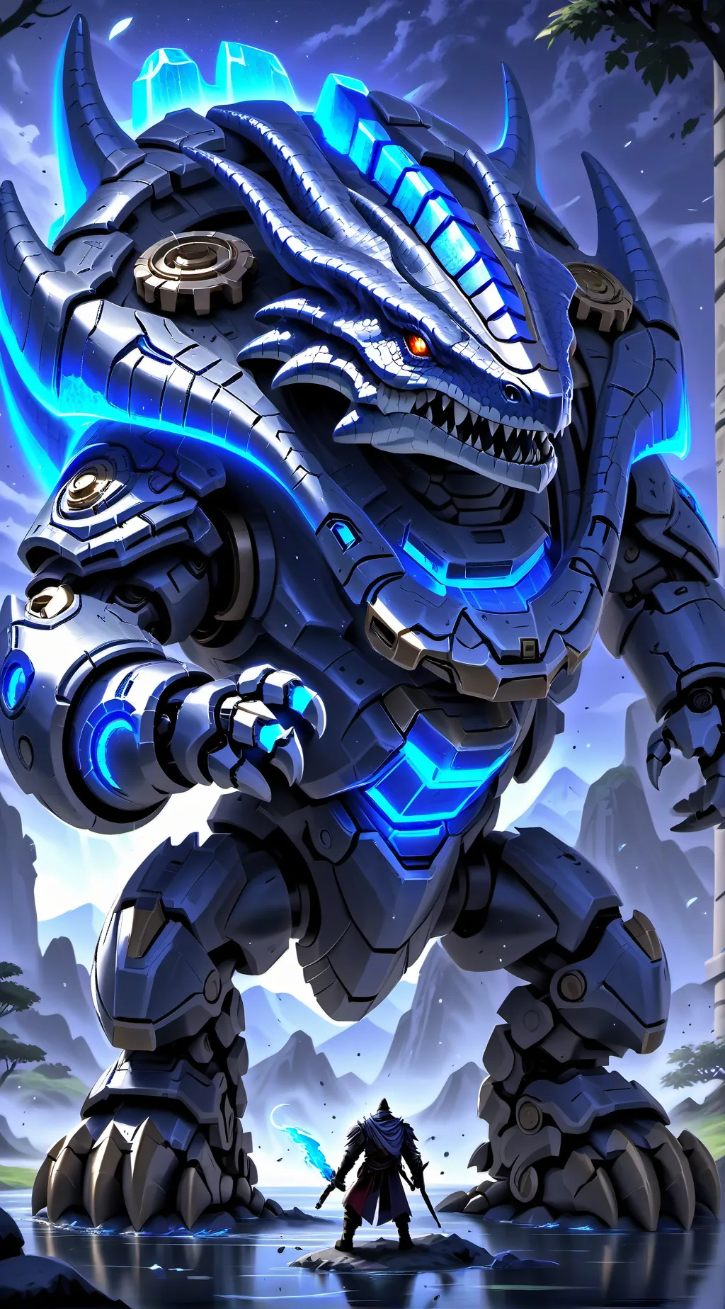 ai character: robot dinosaurio  background