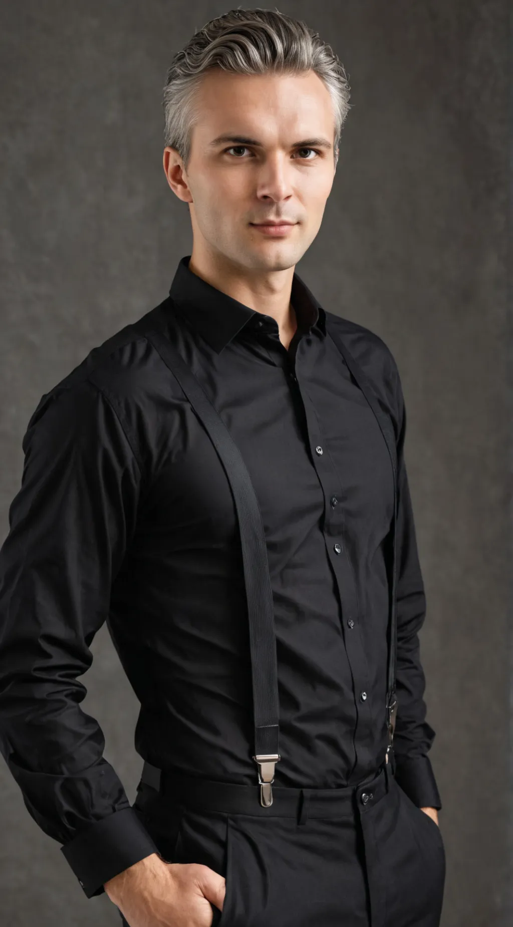 ai character: Alex in Suspenders background