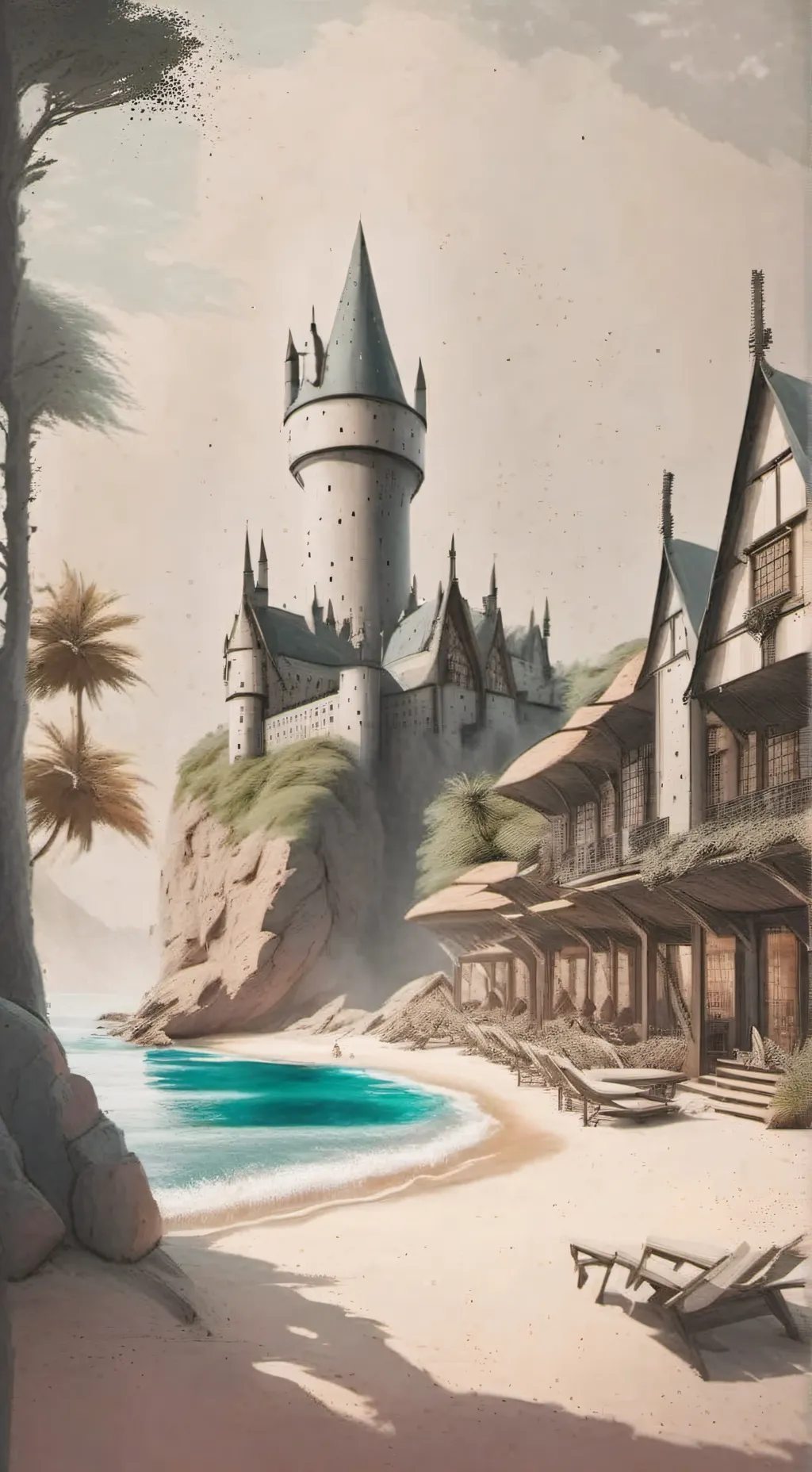 ai character: Hogwarts beach  background
