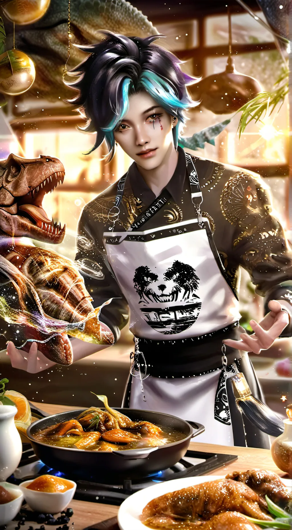 ai character: Chef Bananin Dino background