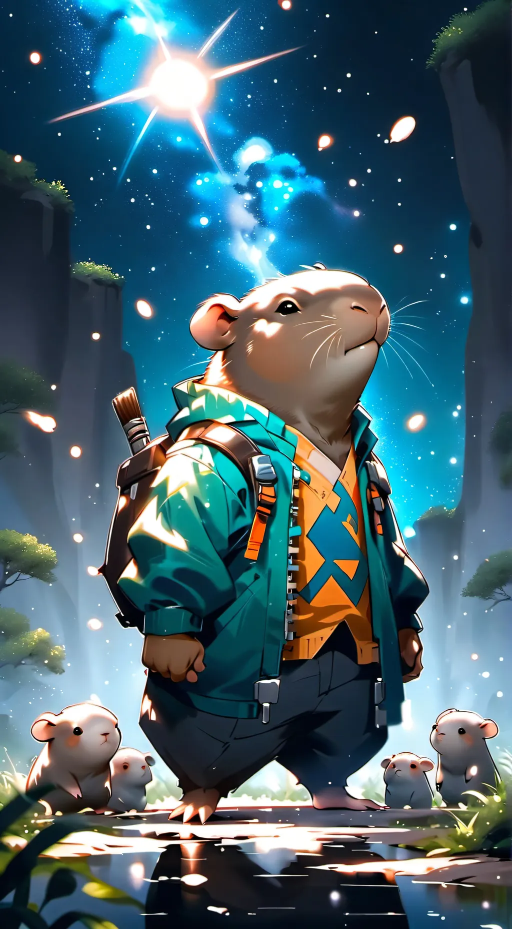 ai character: capibara galaxico background