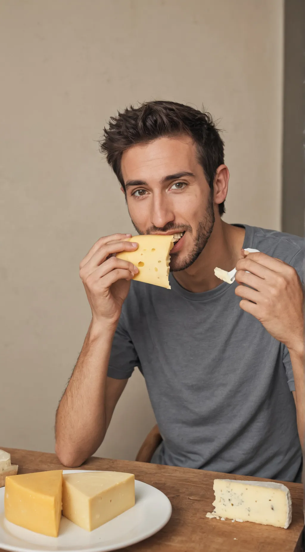 ai character: Guy eating cheese background
