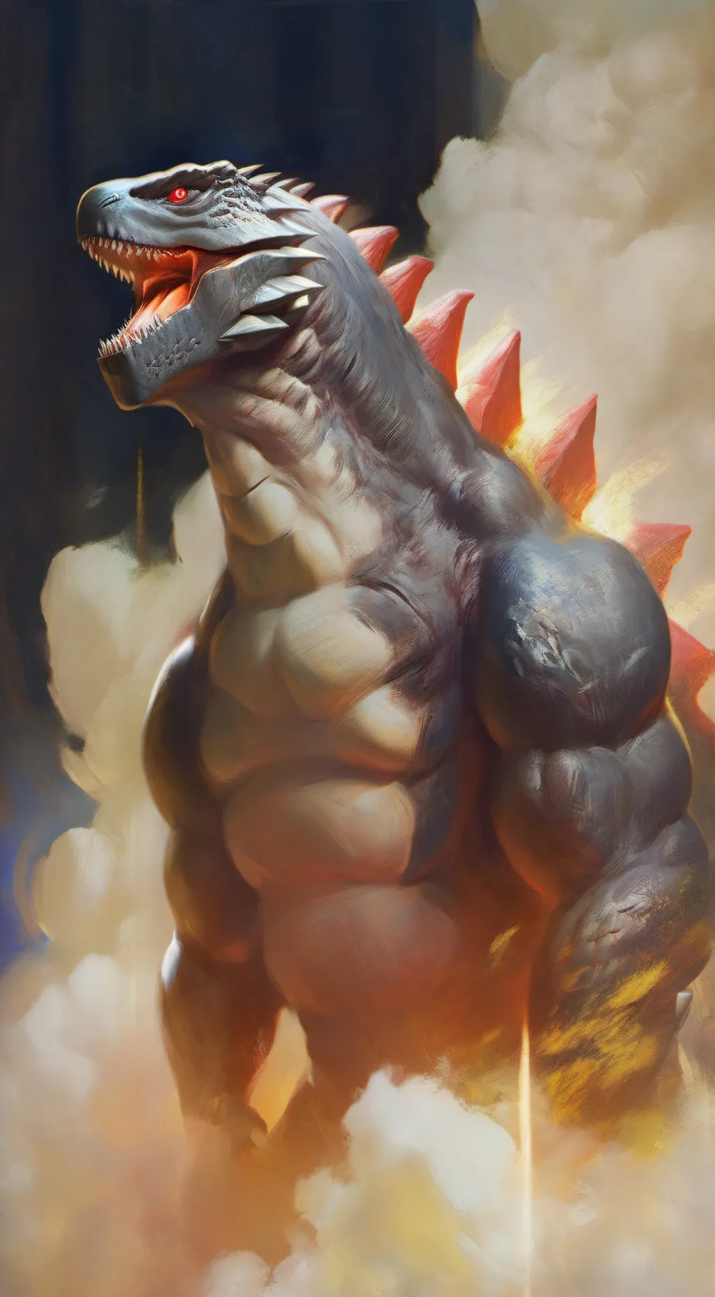ai character: Red godzilla  background