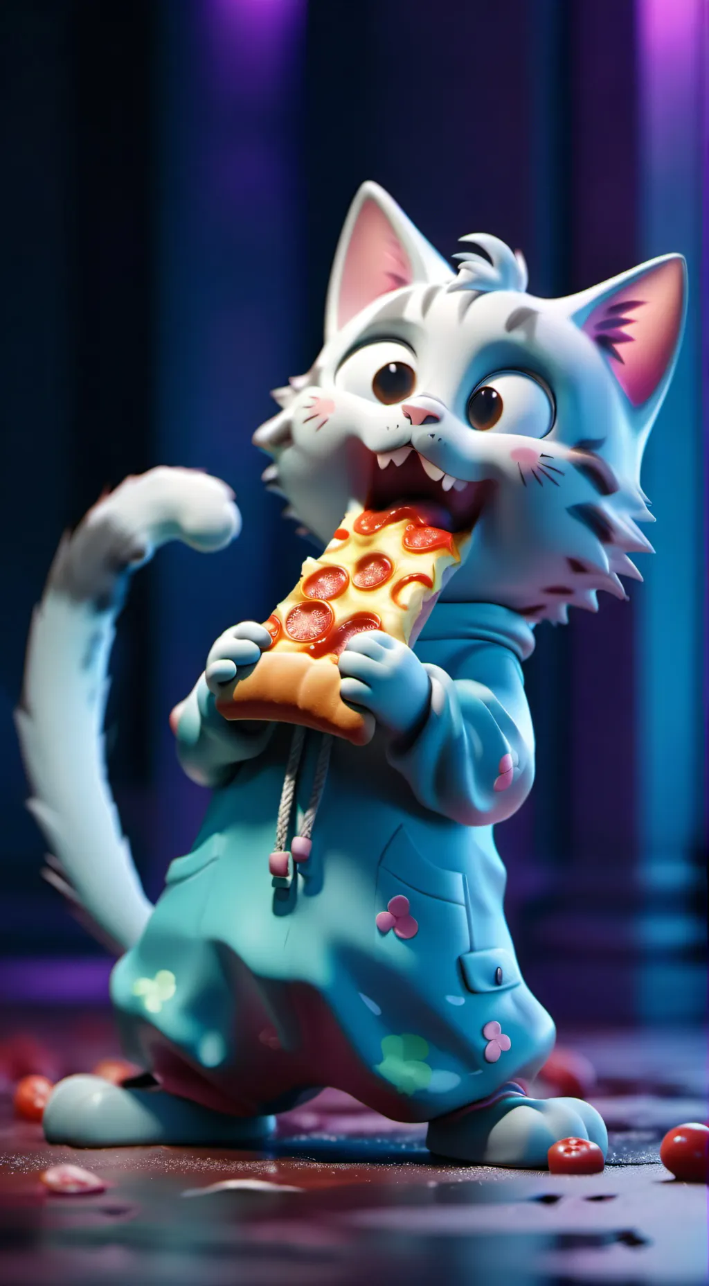 ai character: cat eat pizza new background