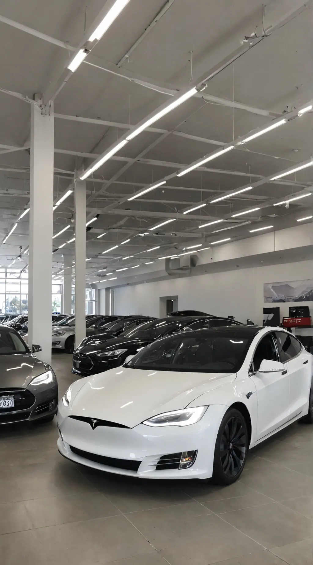 ai character: Tesla￼ dealership background