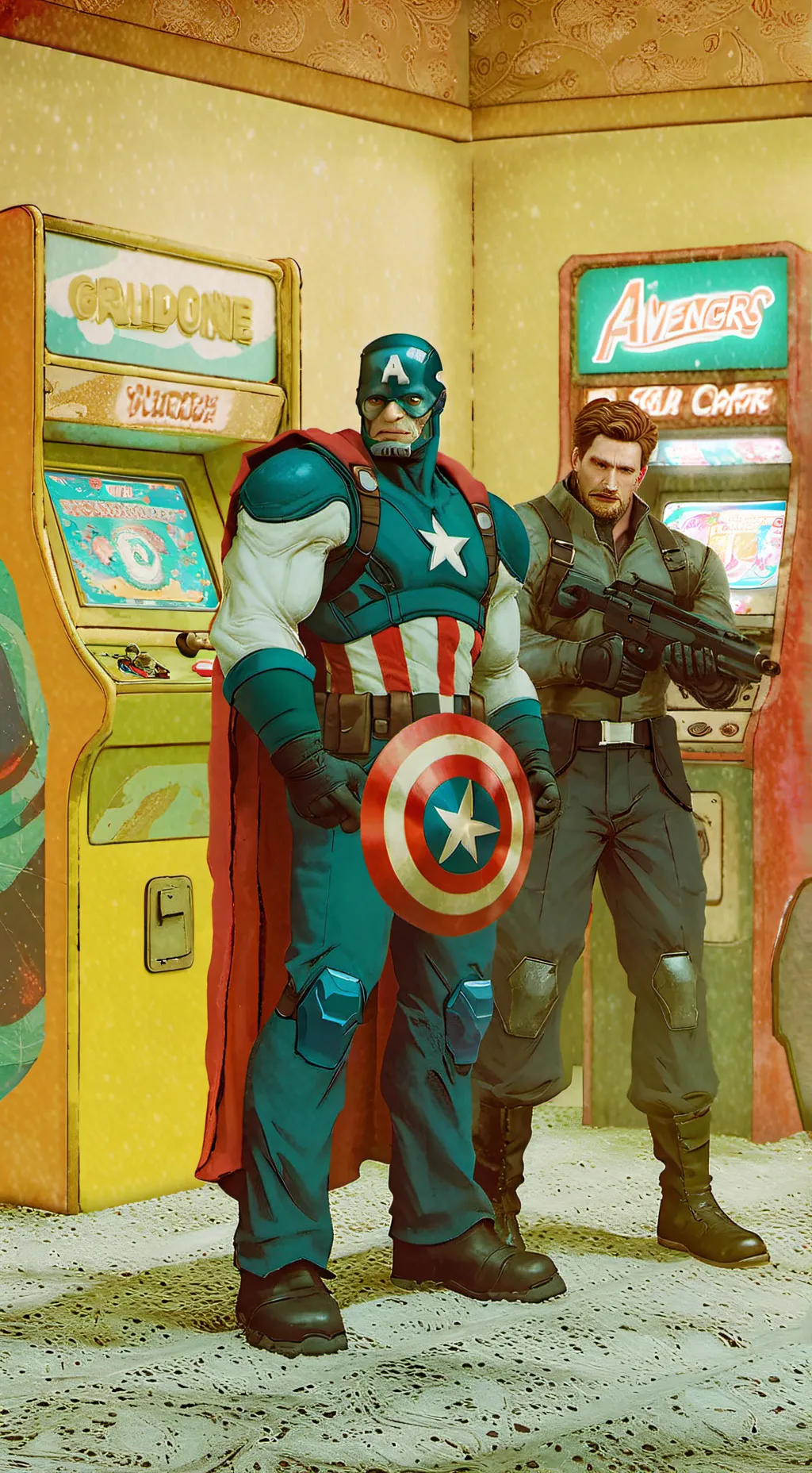 ai character: avengers at arcade background