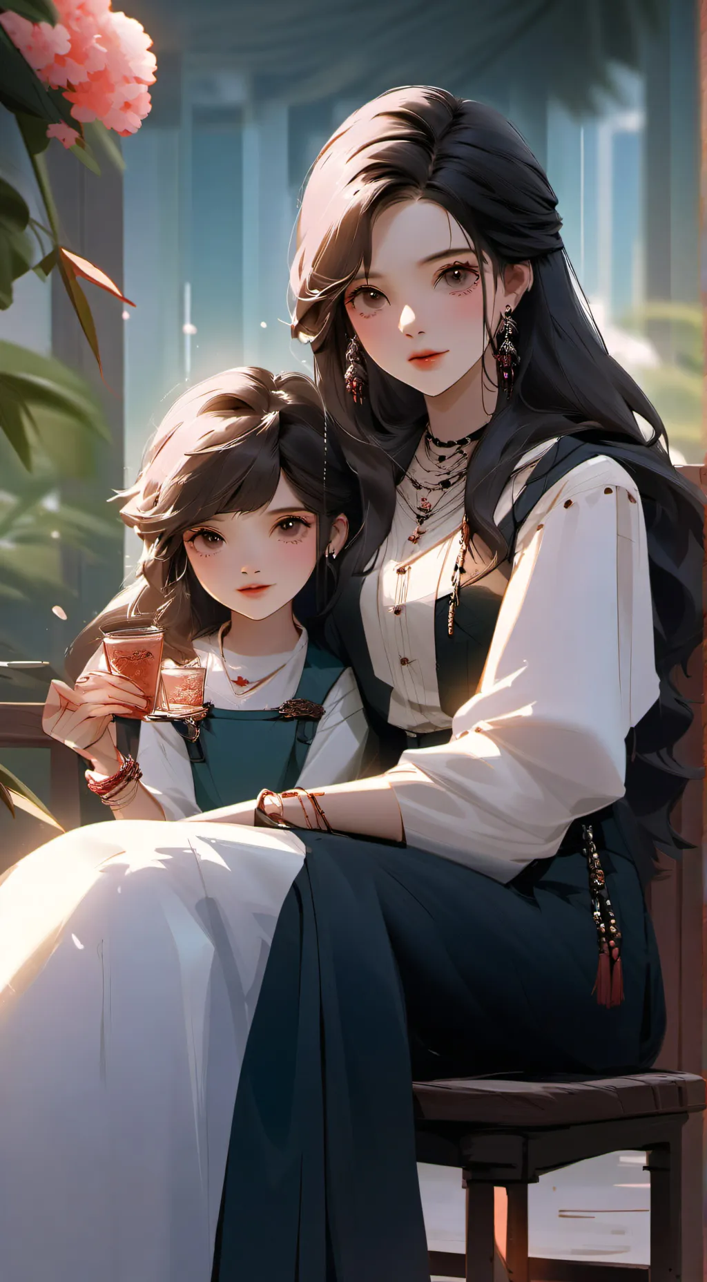 ai character: madre hija y gato background