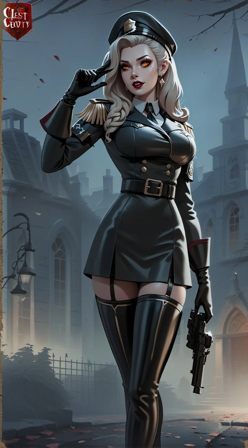 ai character: Vampire goth cop  background