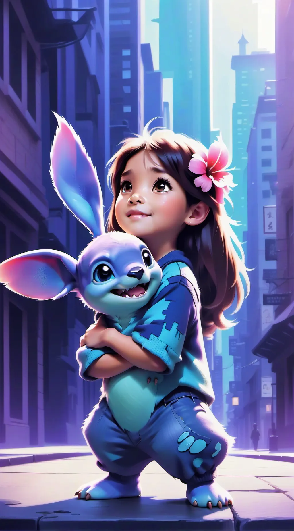 ai character: Lilo Stich y Nani background