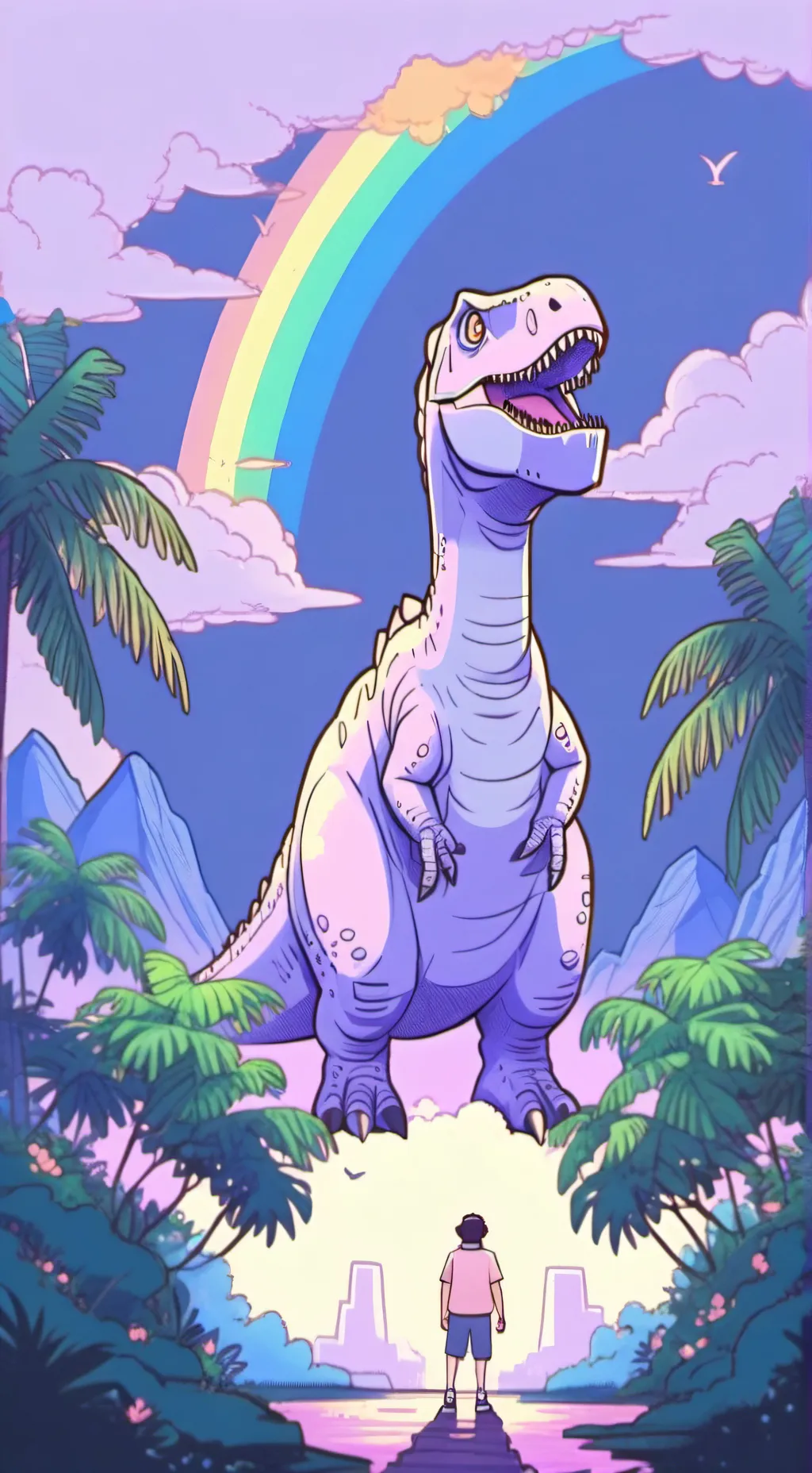 ai character: 🦖Rainbowfaurus!🌈  background