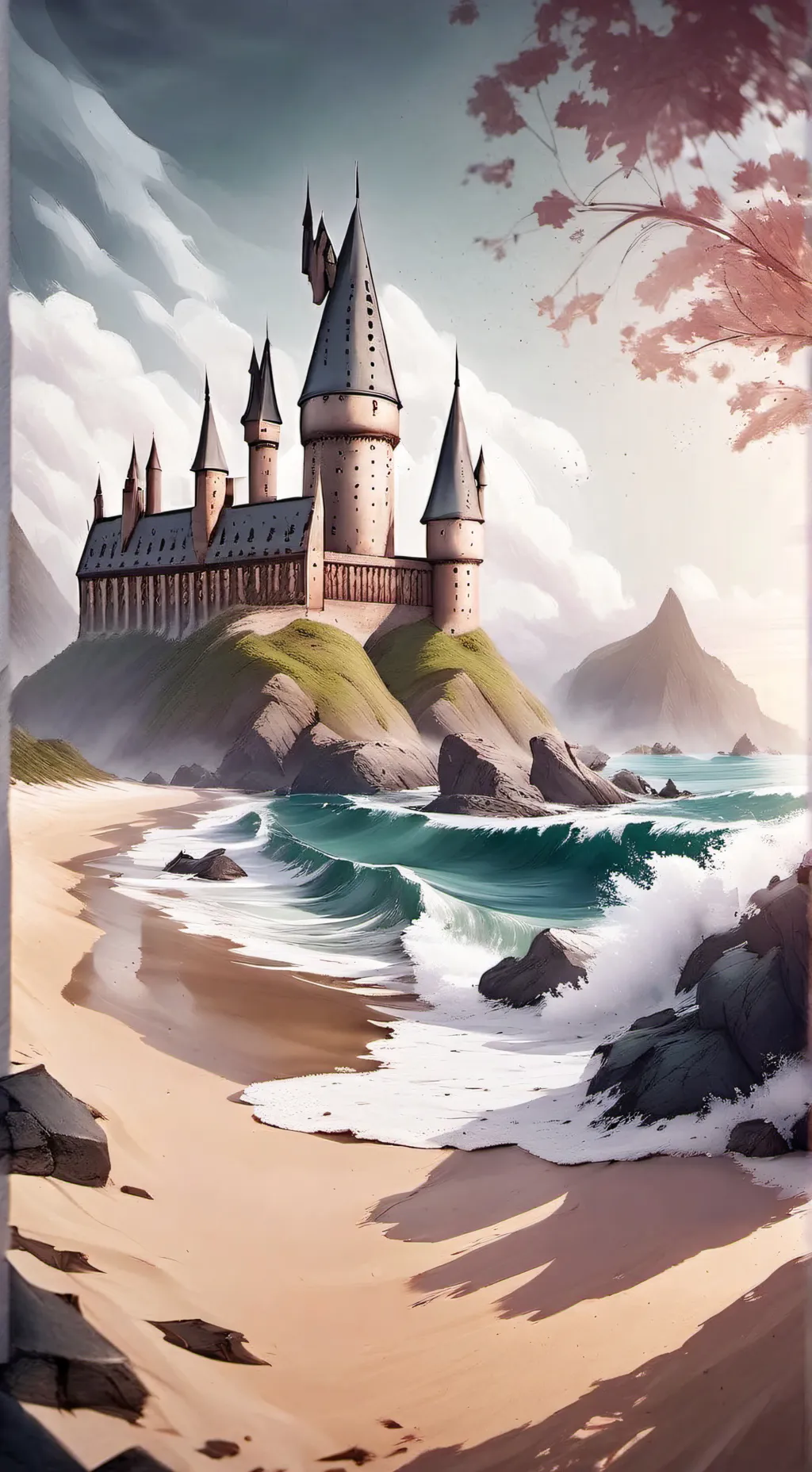 ai character: Hogwarts beach background