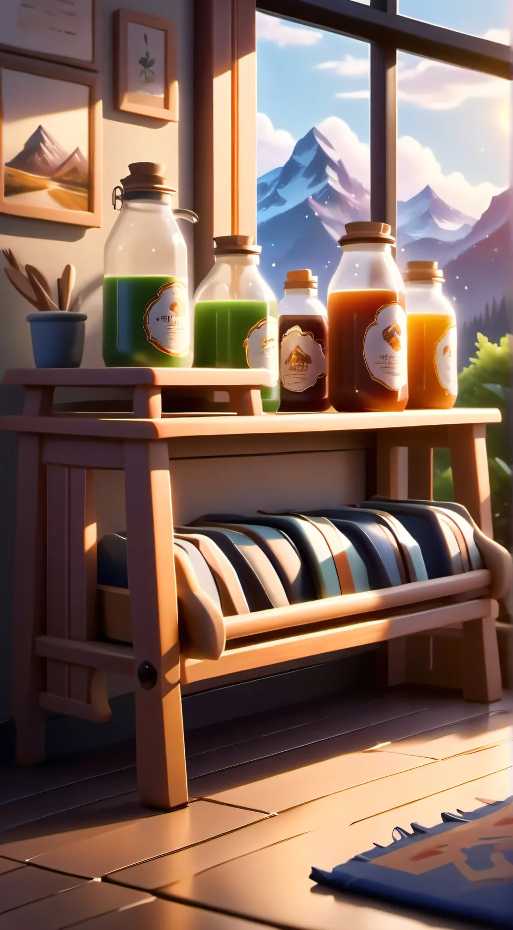 ai character: mountain and cabin background