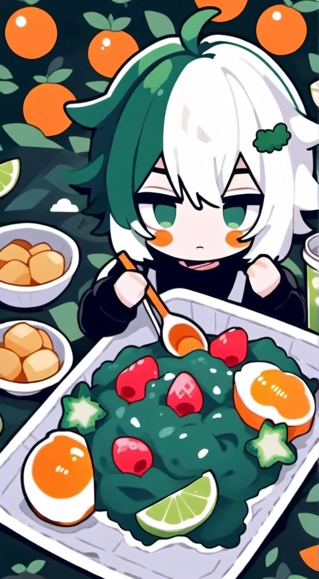 ai character: orange lemony frie background
