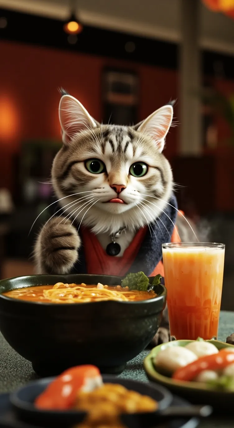 ai character: Cat eat ur food background