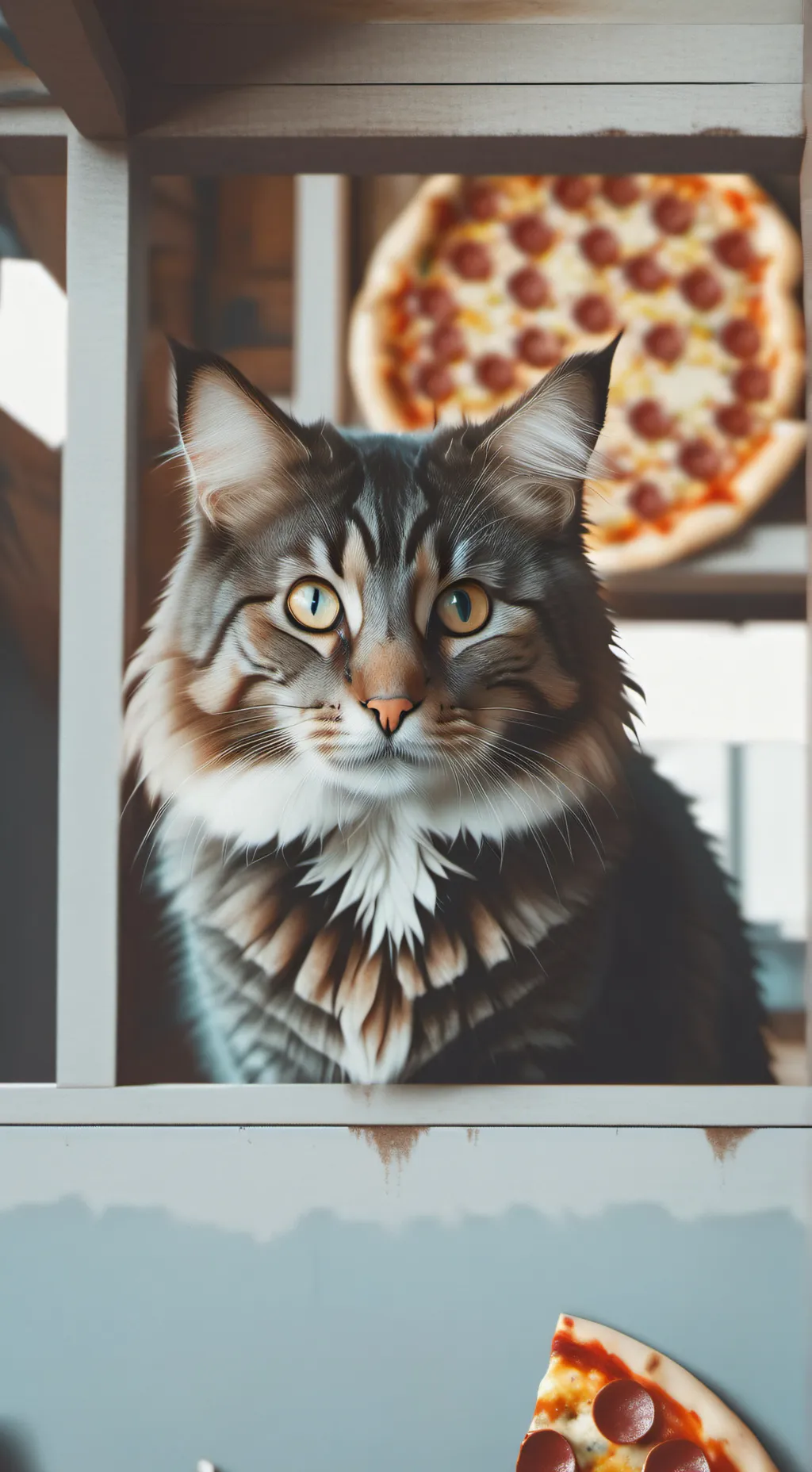 ai character: cat want pizza background