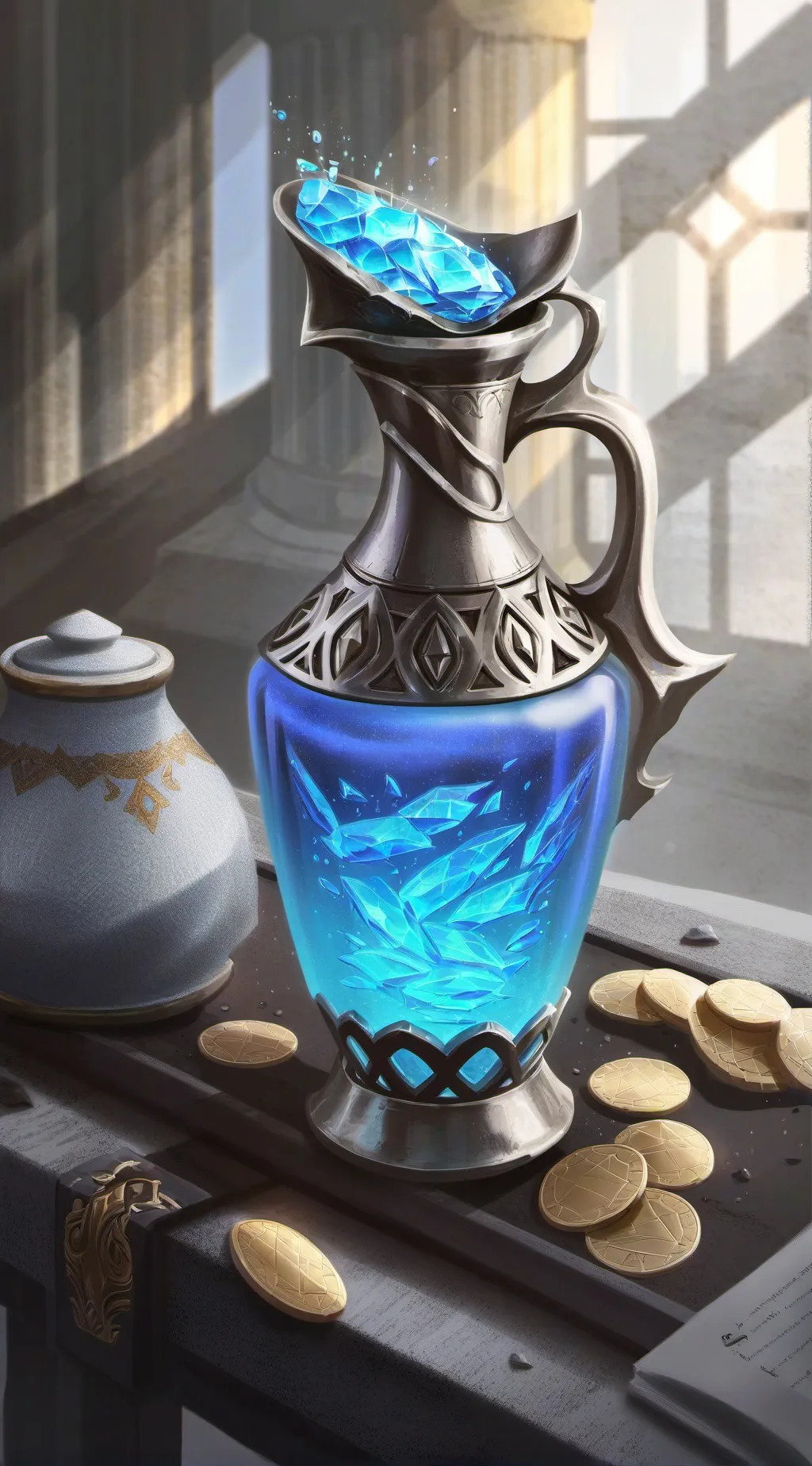 ai character: blue potion background