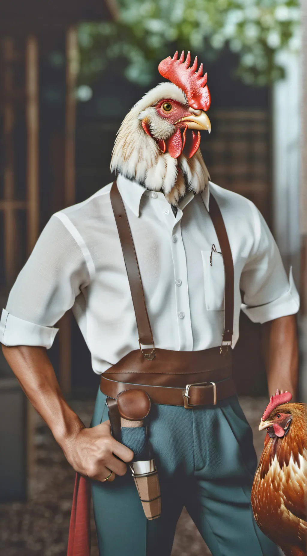 ai character:  chicken jockey  background