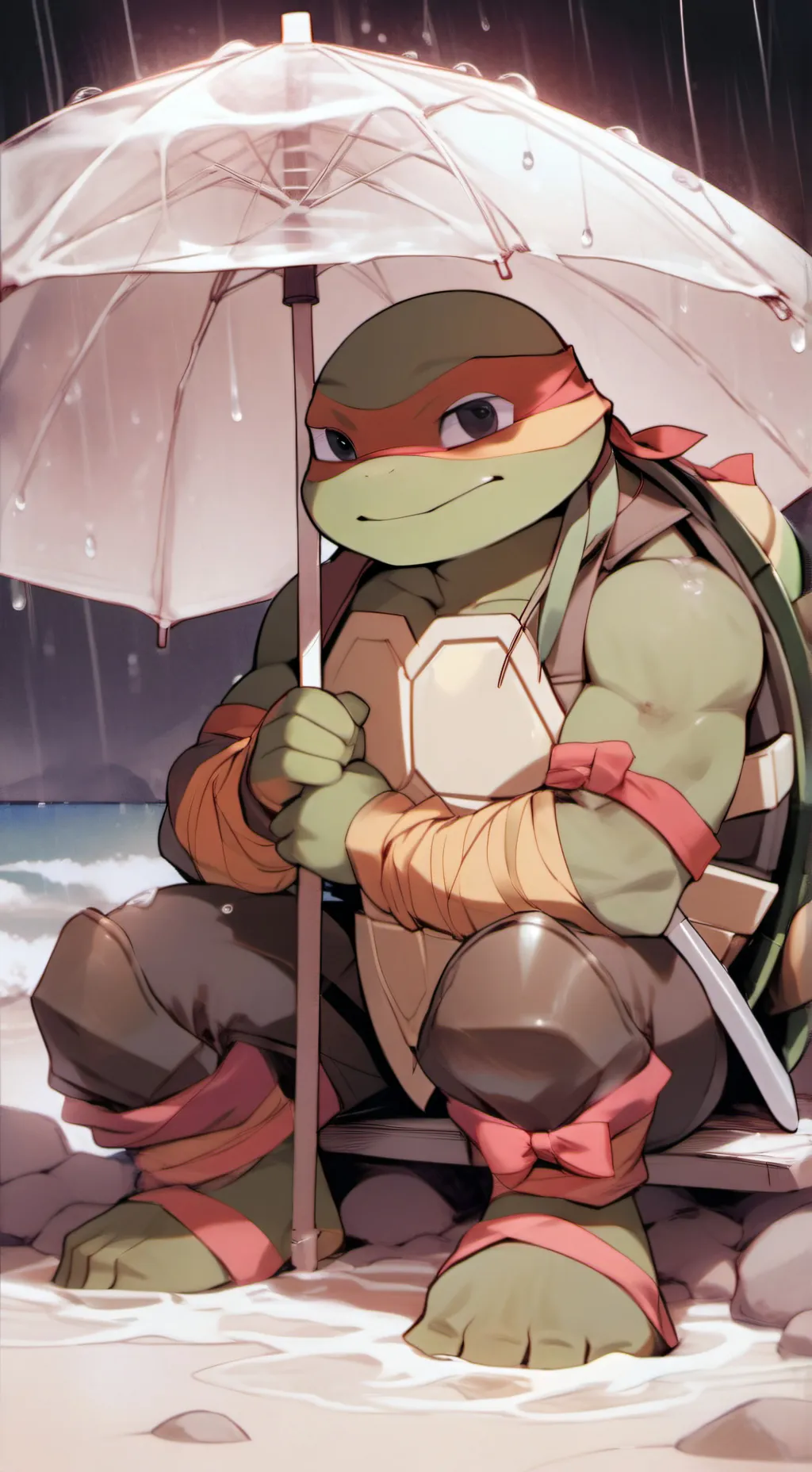 ai character: Leo bite mike neck background