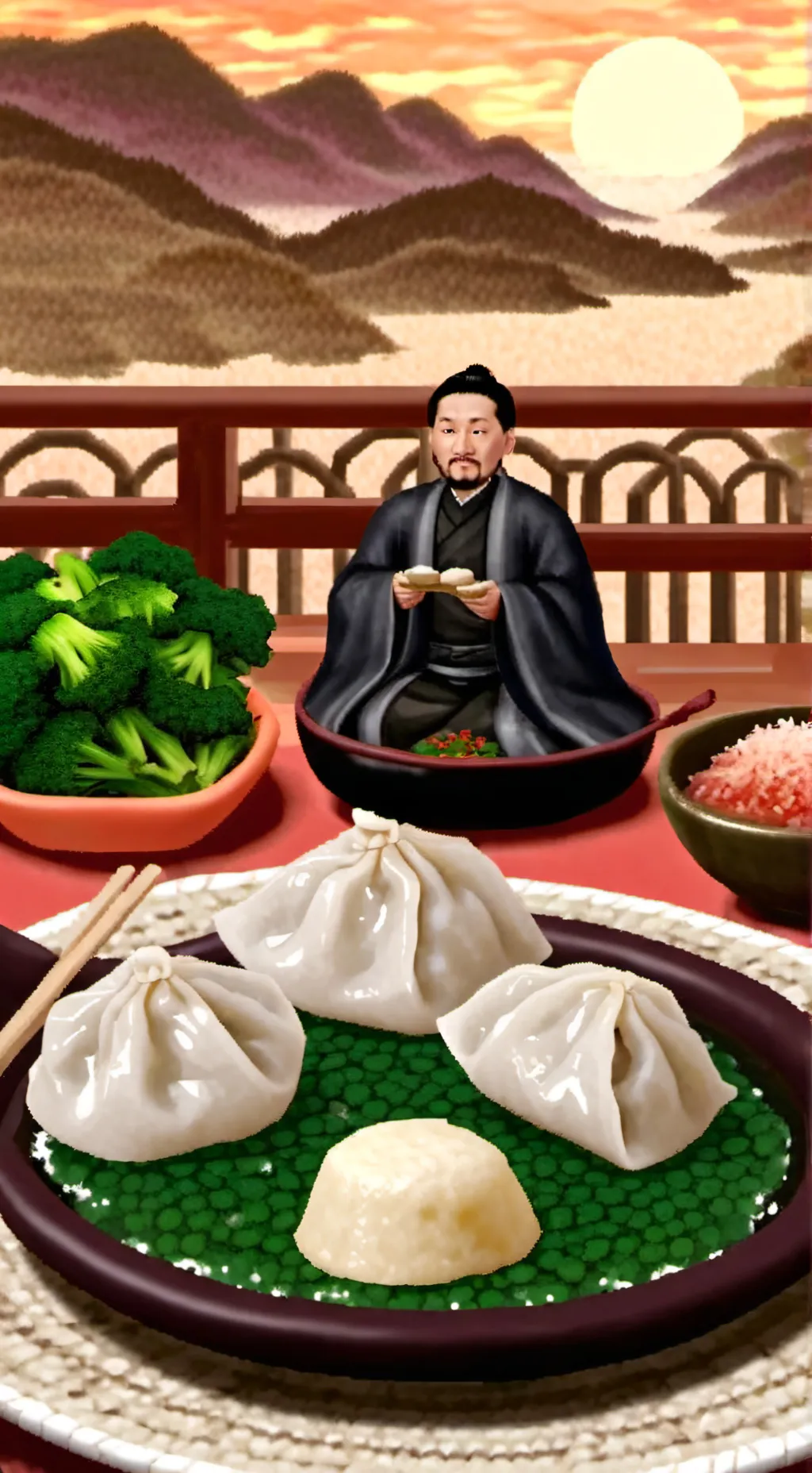 ai character: eating dumplings background