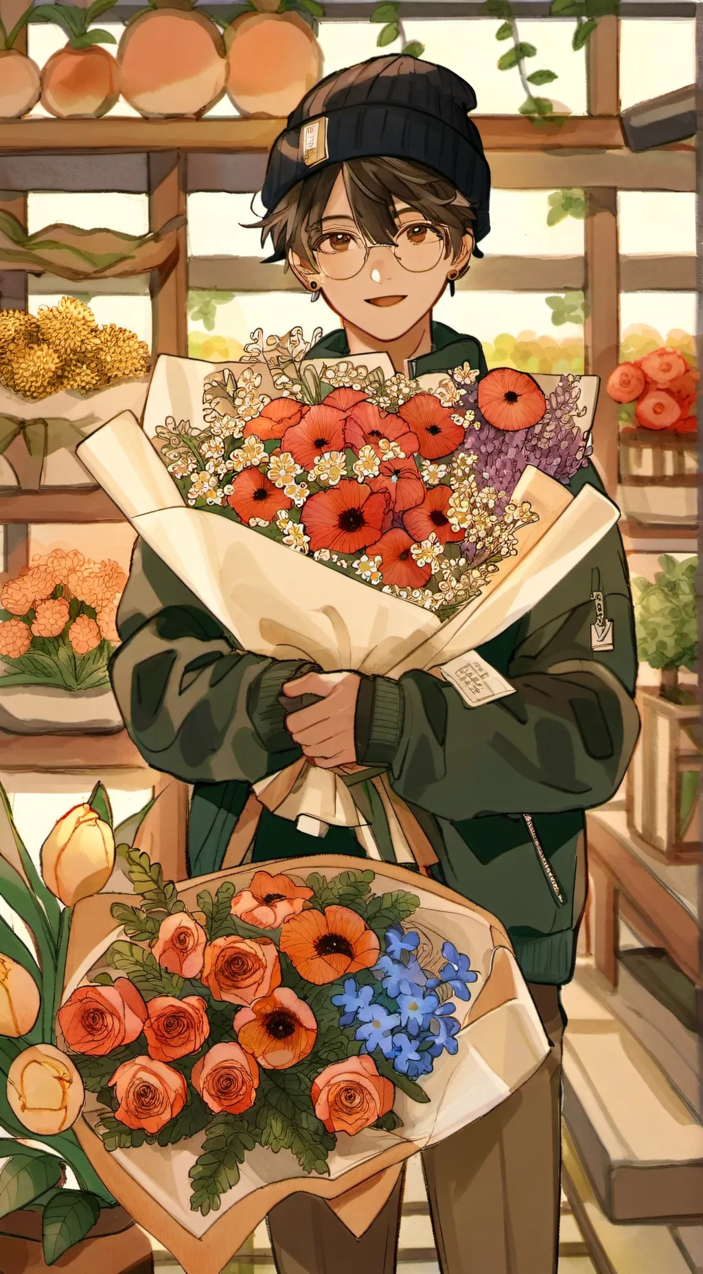 ai character: flower shop background