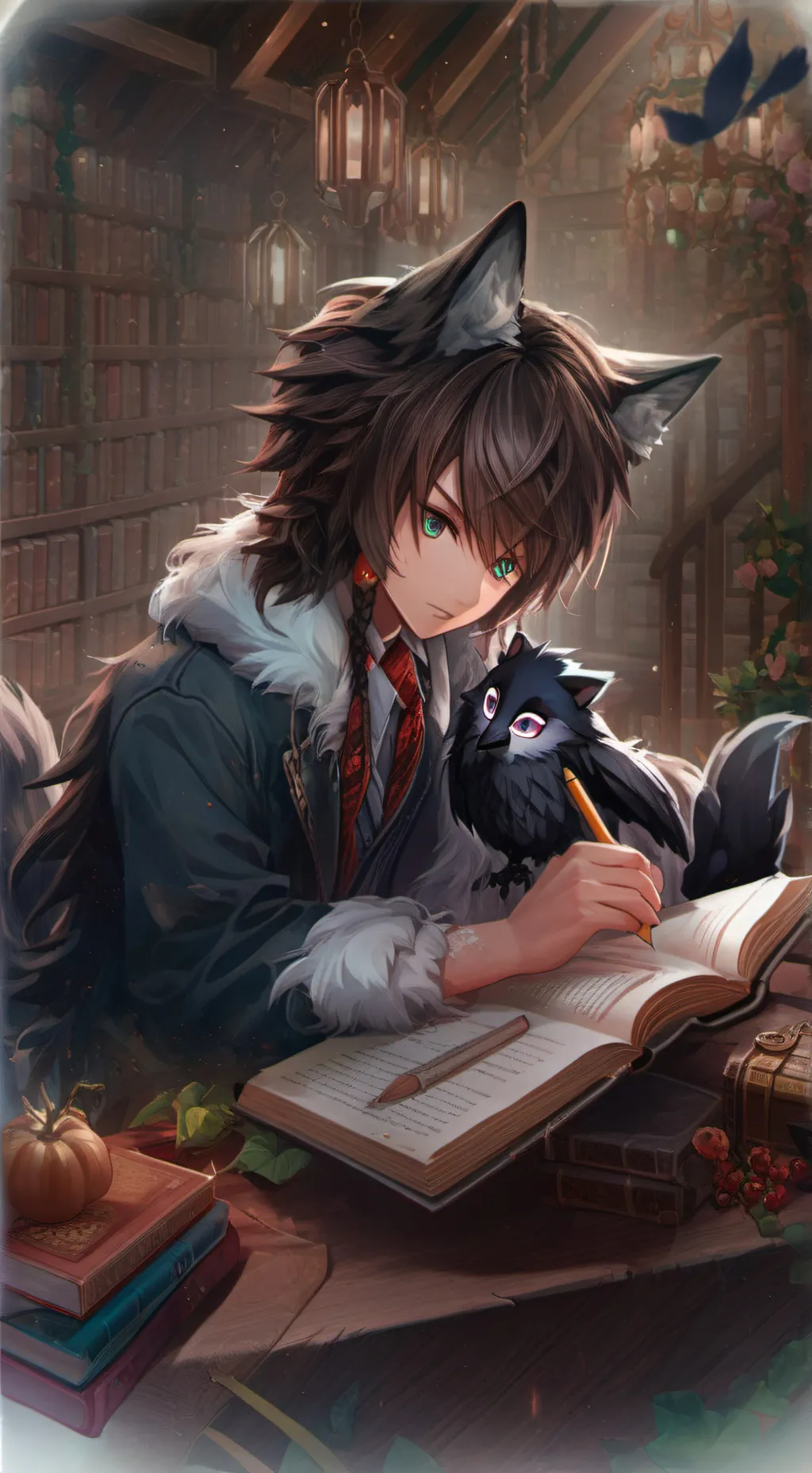 ai character: Wolfy Raven Spirit background