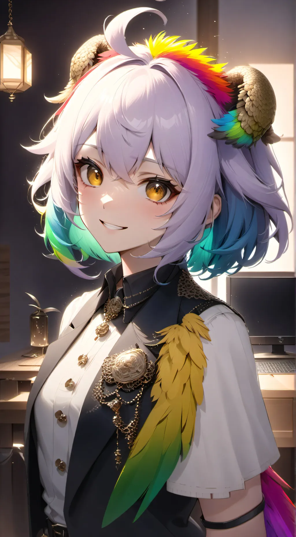 ai character: Rainbow Parrot Furry background