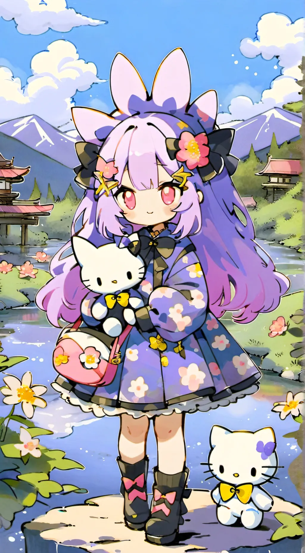 ai character: kuromi hello kitty background