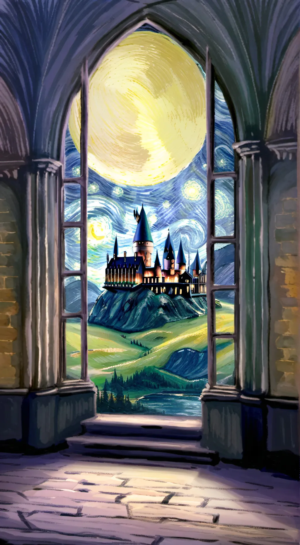 ai character: Hogwarts Night background
