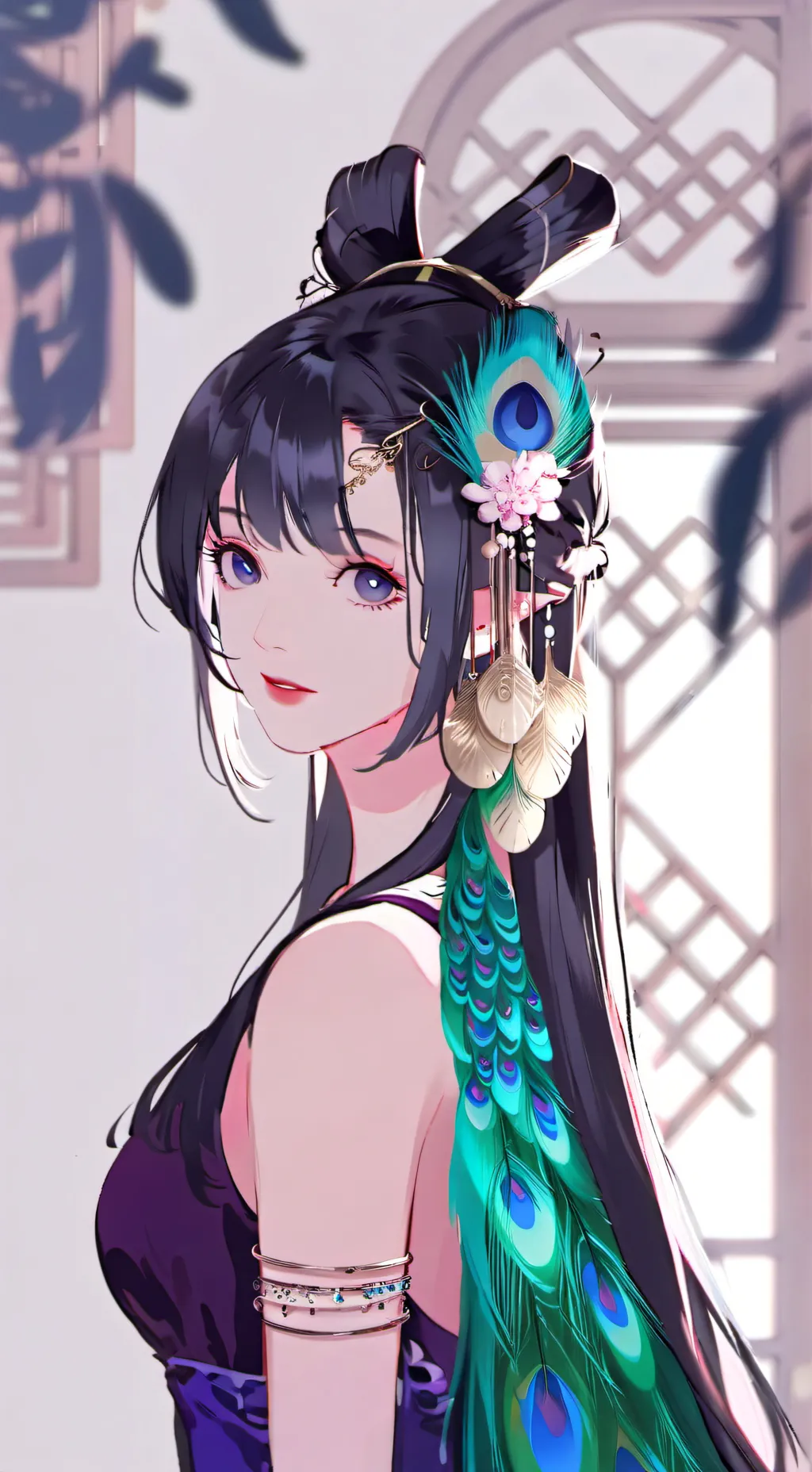 ai character: Feathered Peacock  background