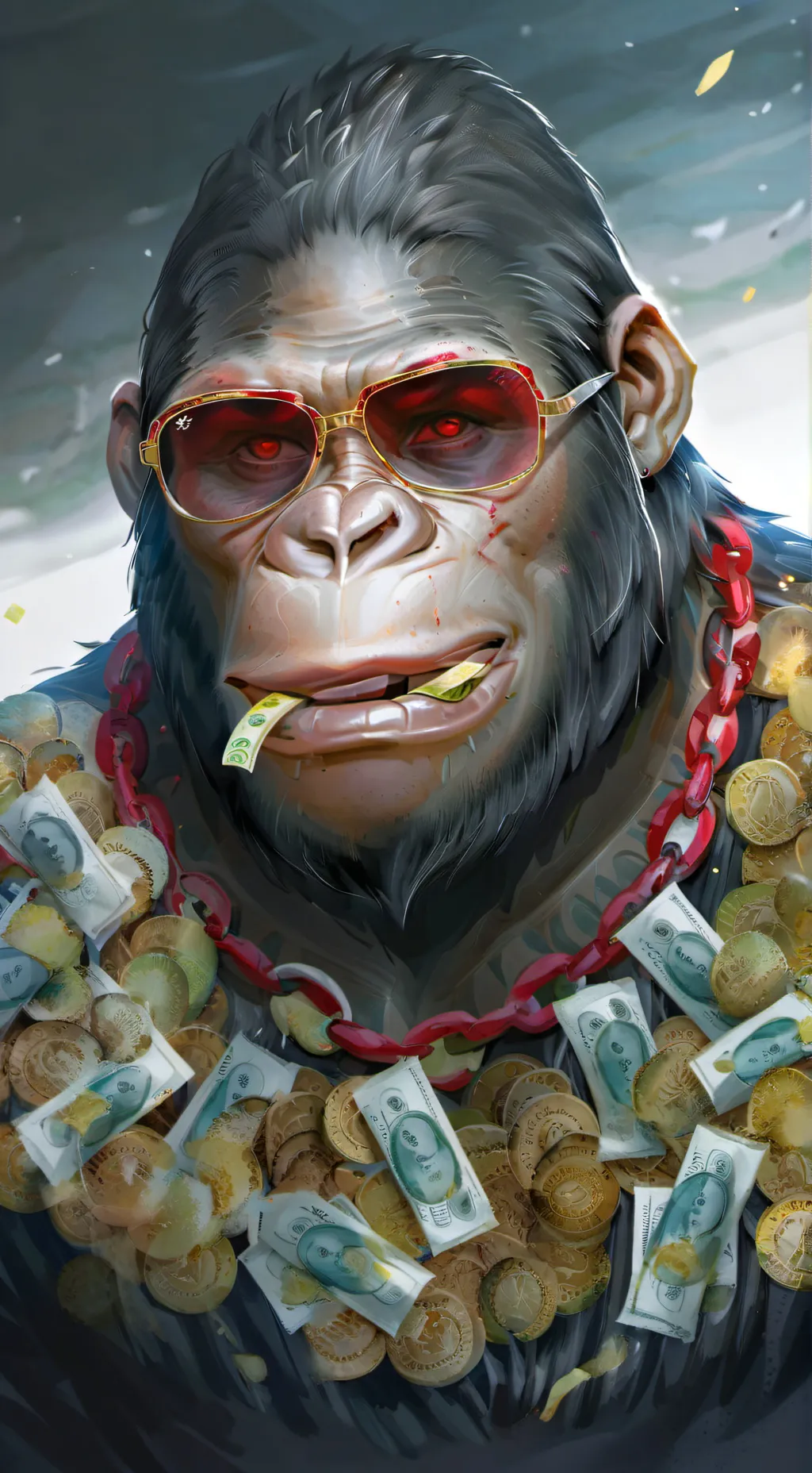 ai character: 🤑rich gorrila 🤑🦍🦍🦍 background